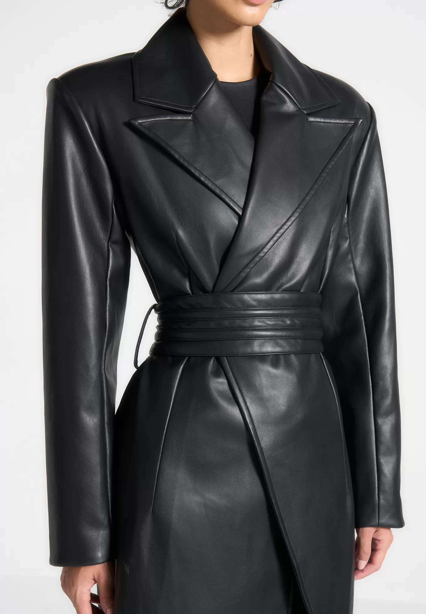 Discount Leather Asymmetric Belted Coat - Outerwear