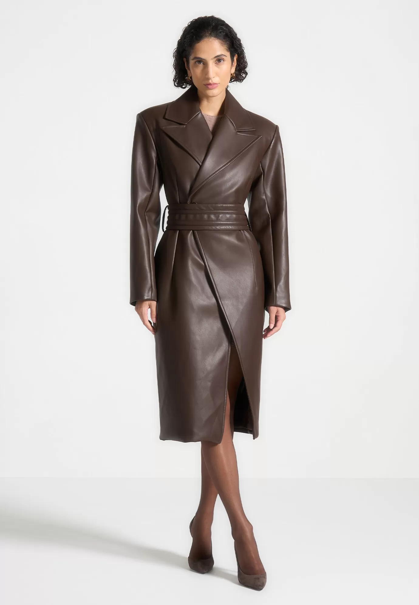 Hot Leather Asymmetric Belted Coat - Outerwear