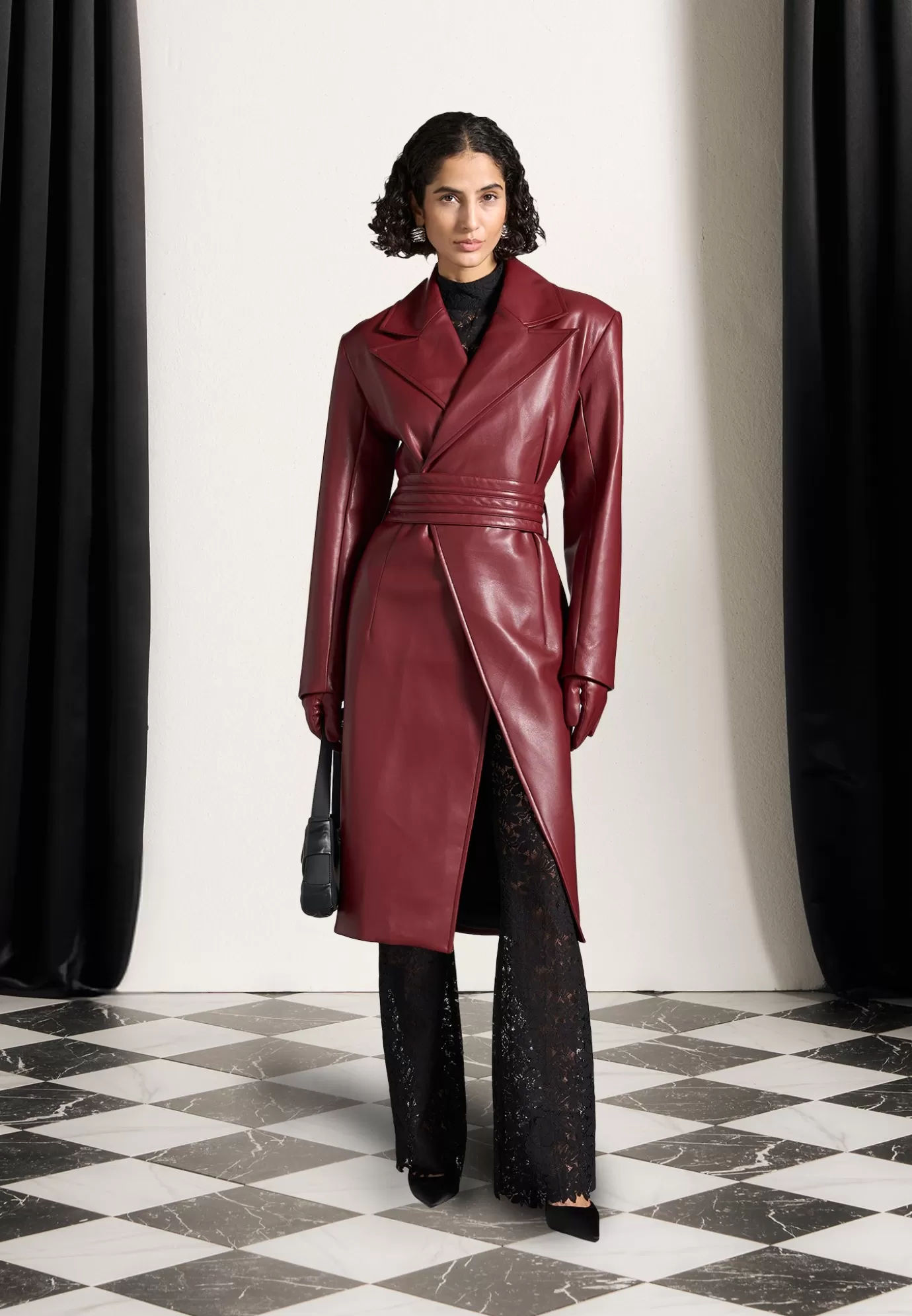 Hot Leather Asymmetric Belted Coat - Wine Outerwear