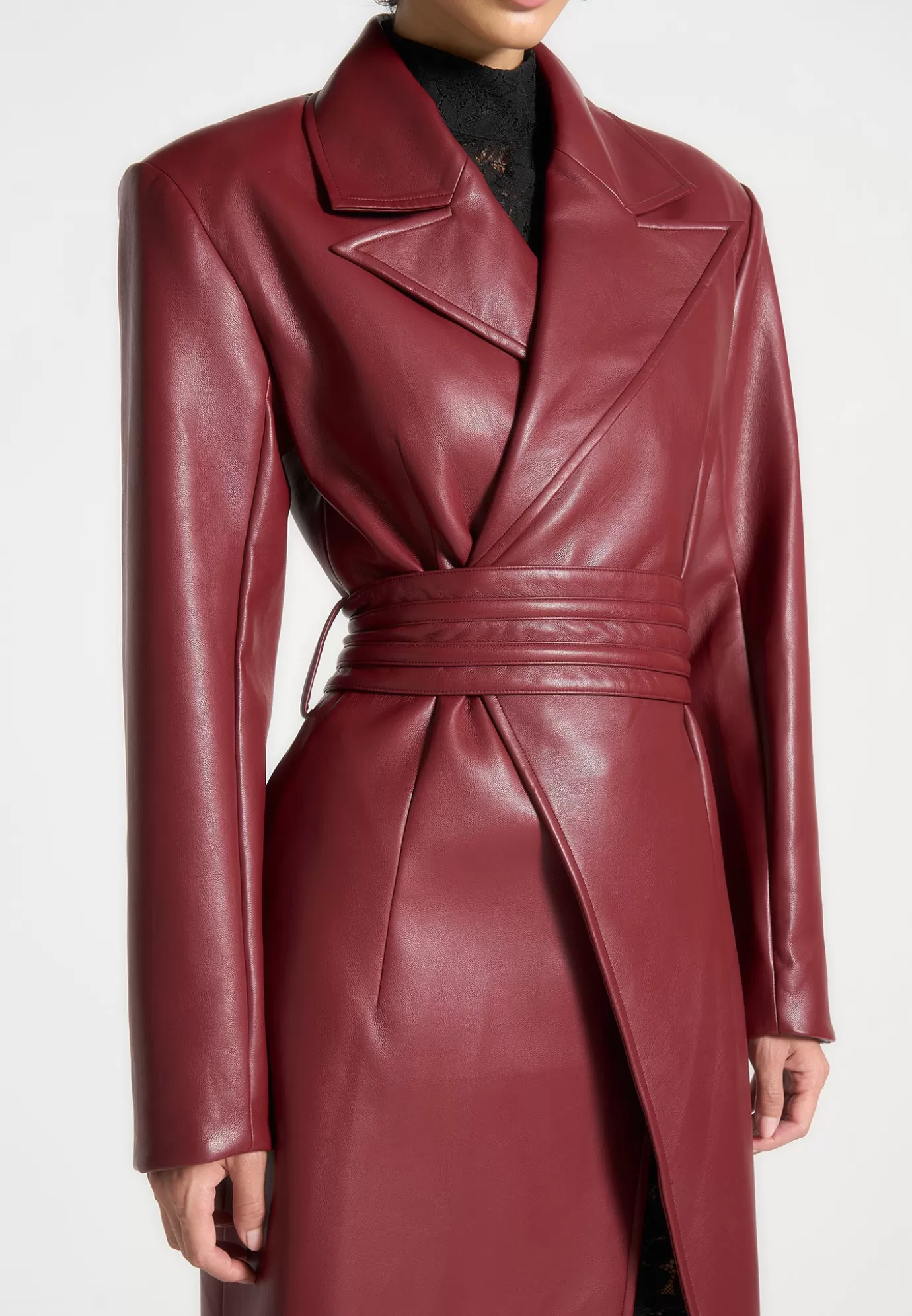 Hot Leather Asymmetric Belted Coat - Wine Outerwear