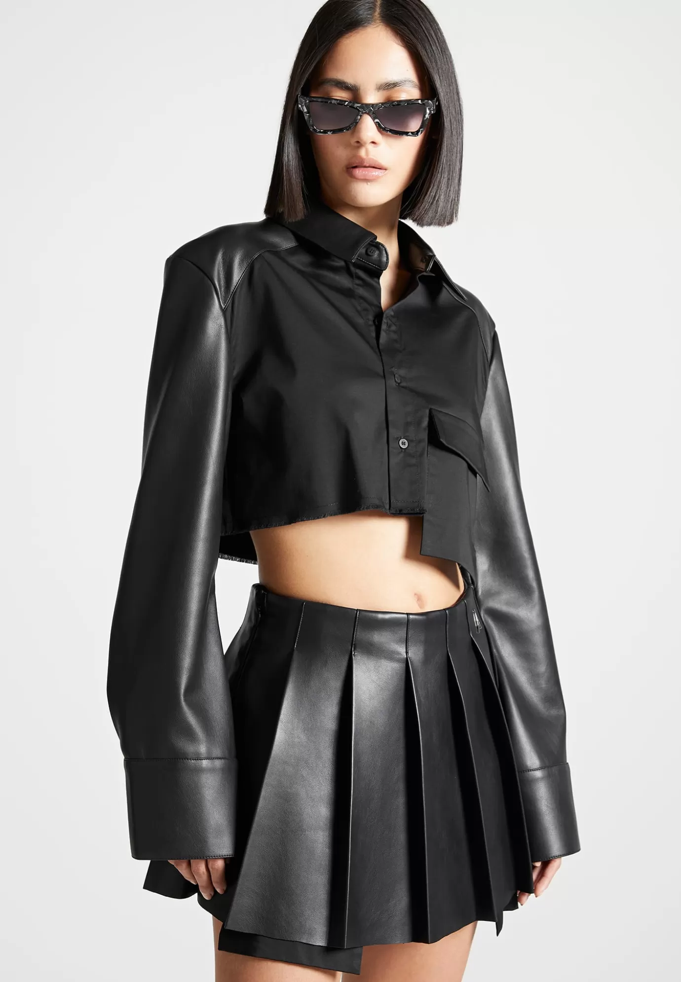 Outlet Leather Contrast Cropped Shirt - Shirts