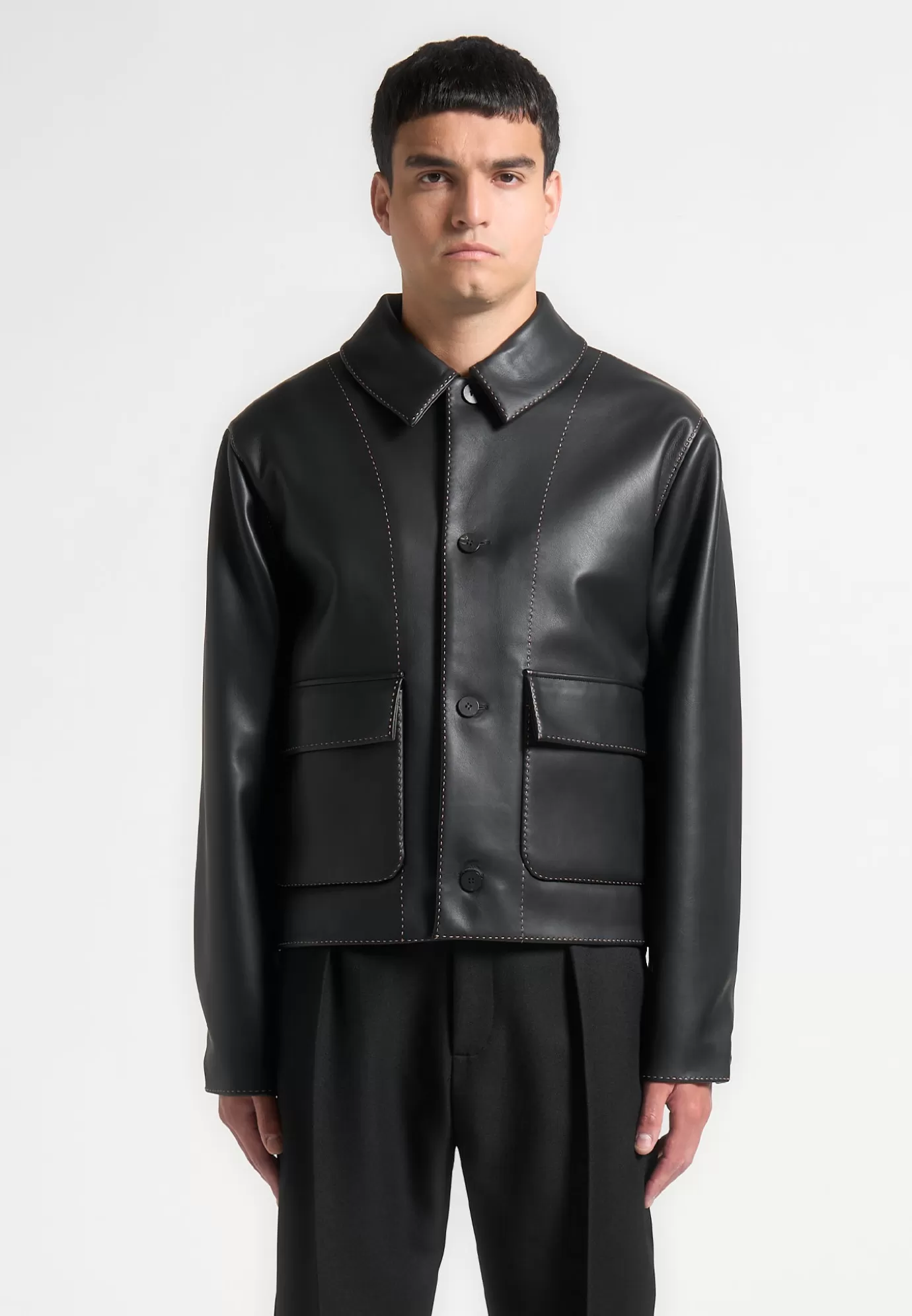 Clearance Leather Contrast Stitch Jacket - Jackets