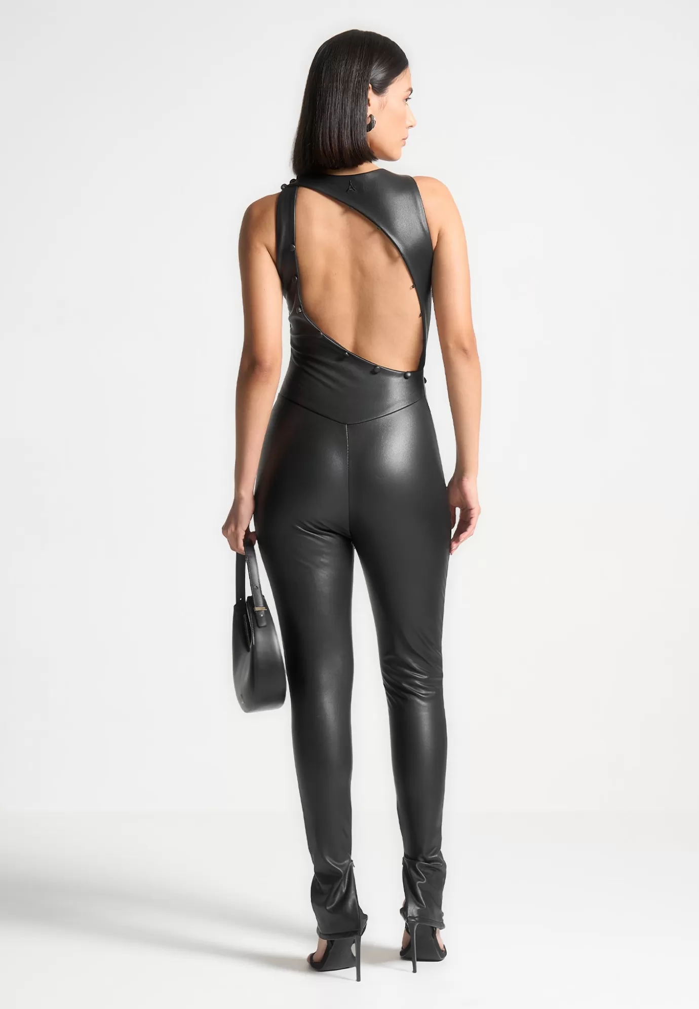 Cheap Leather Cut Out Button Detail Jumpsuit - Jumpsuits