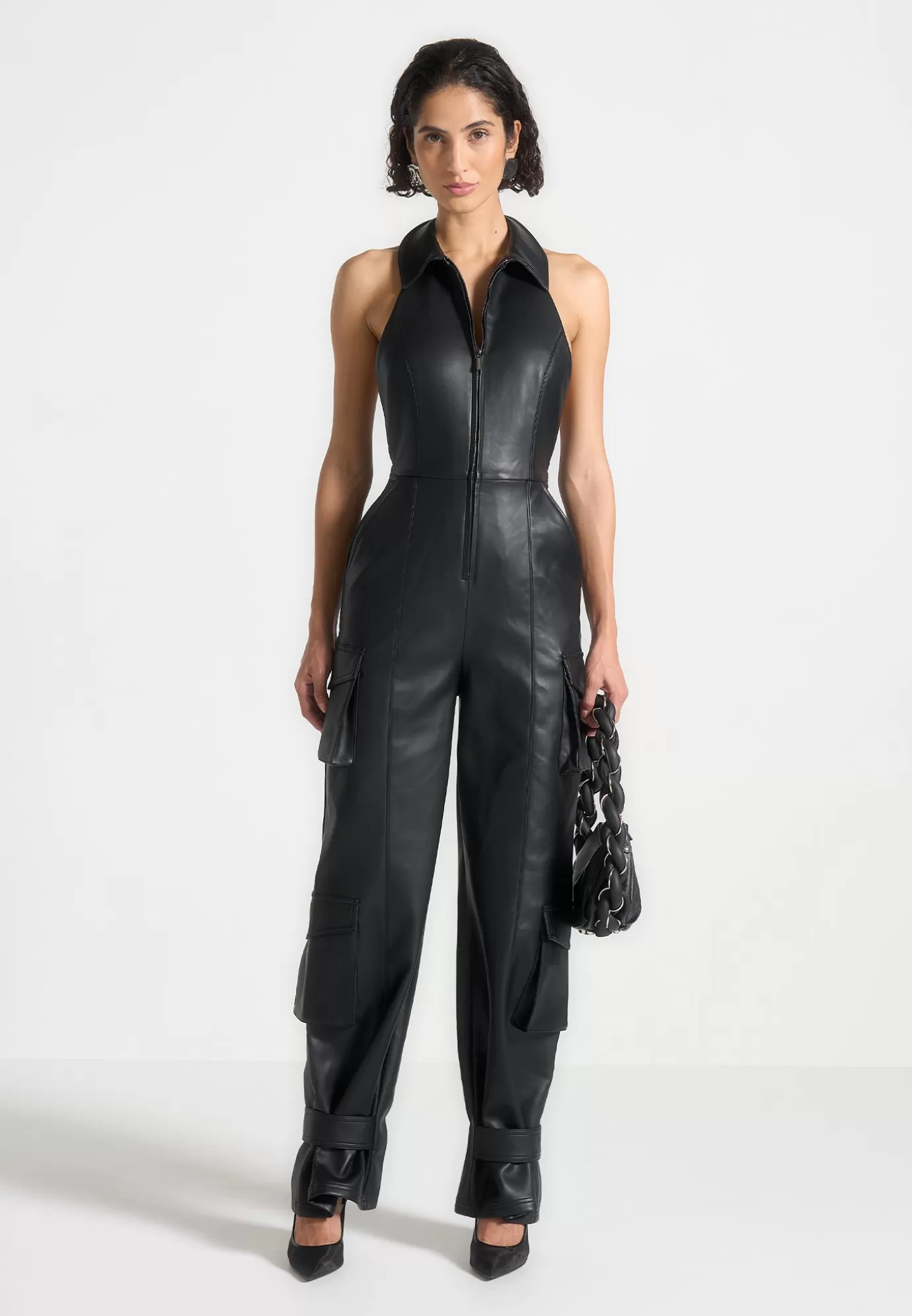 Discount Leather Halterneck Cargo Jumpsuit - Jumpsuits