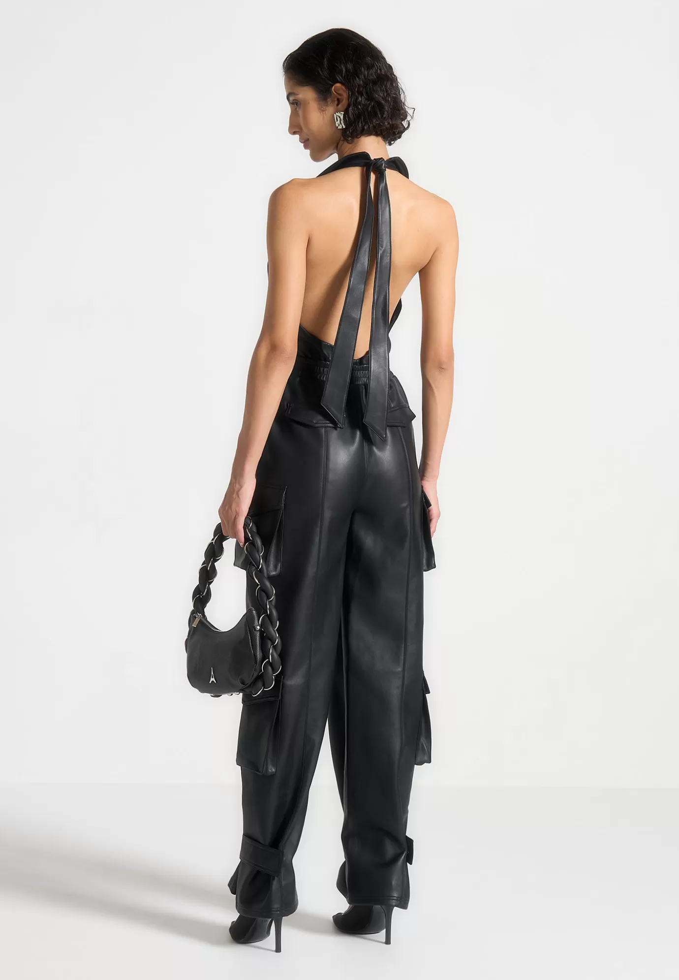 Discount Leather Halterneck Cargo Jumpsuit - Jumpsuits