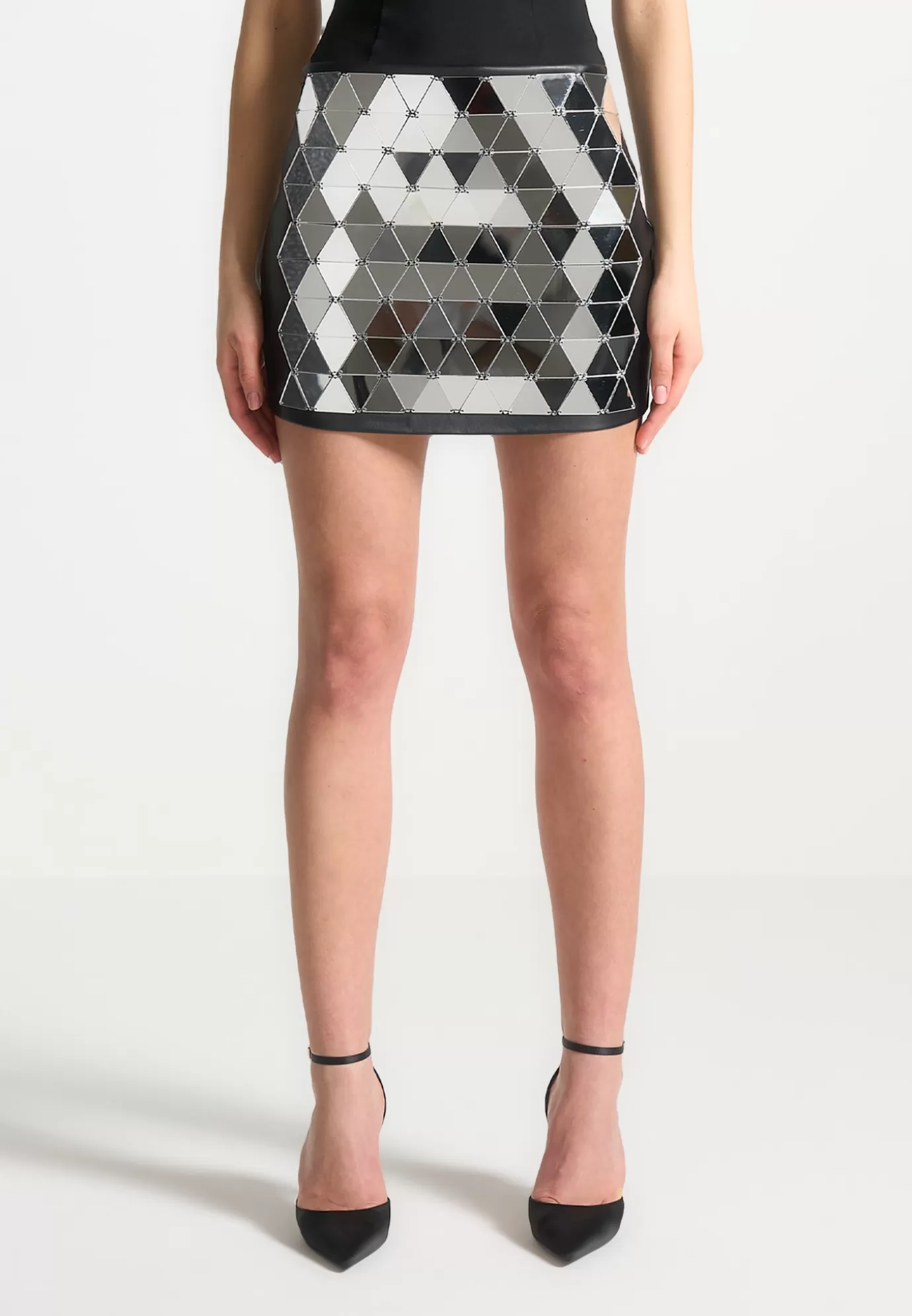 Flash Sale Leather Mirrored Mini Skirt - Silver/Black Matching Sets