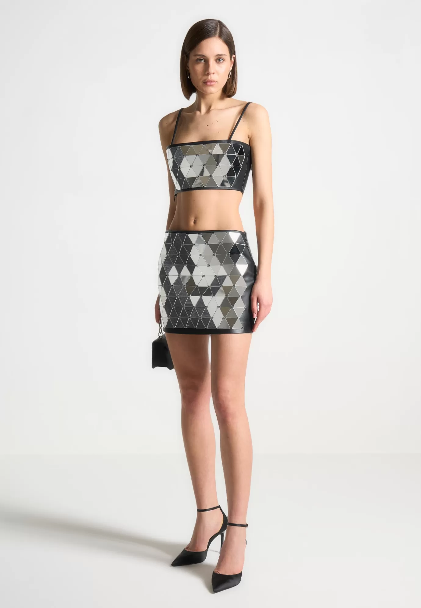 Outlet Leather Mirrored Mini Skirt - Silver/Black Skirts