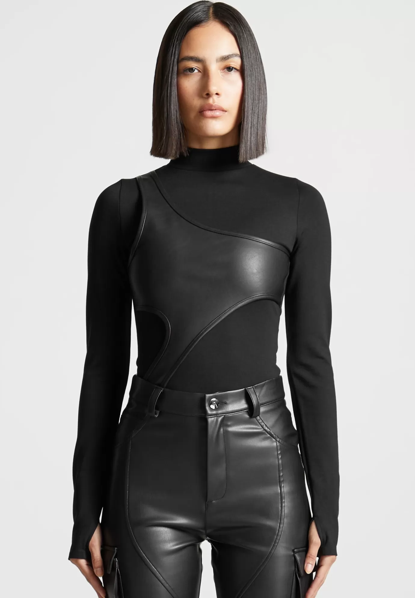 Fashion Leather Overlay High Neck Bodysuit - Bodysuits