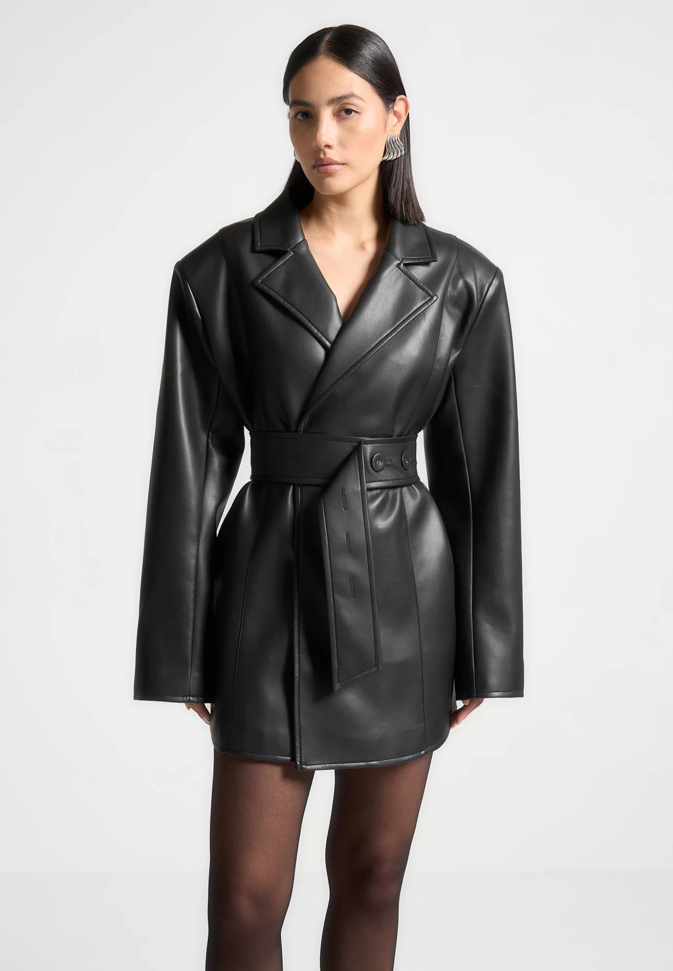 Clearance Leather Oversized Belted Blazer Dress - Dresses