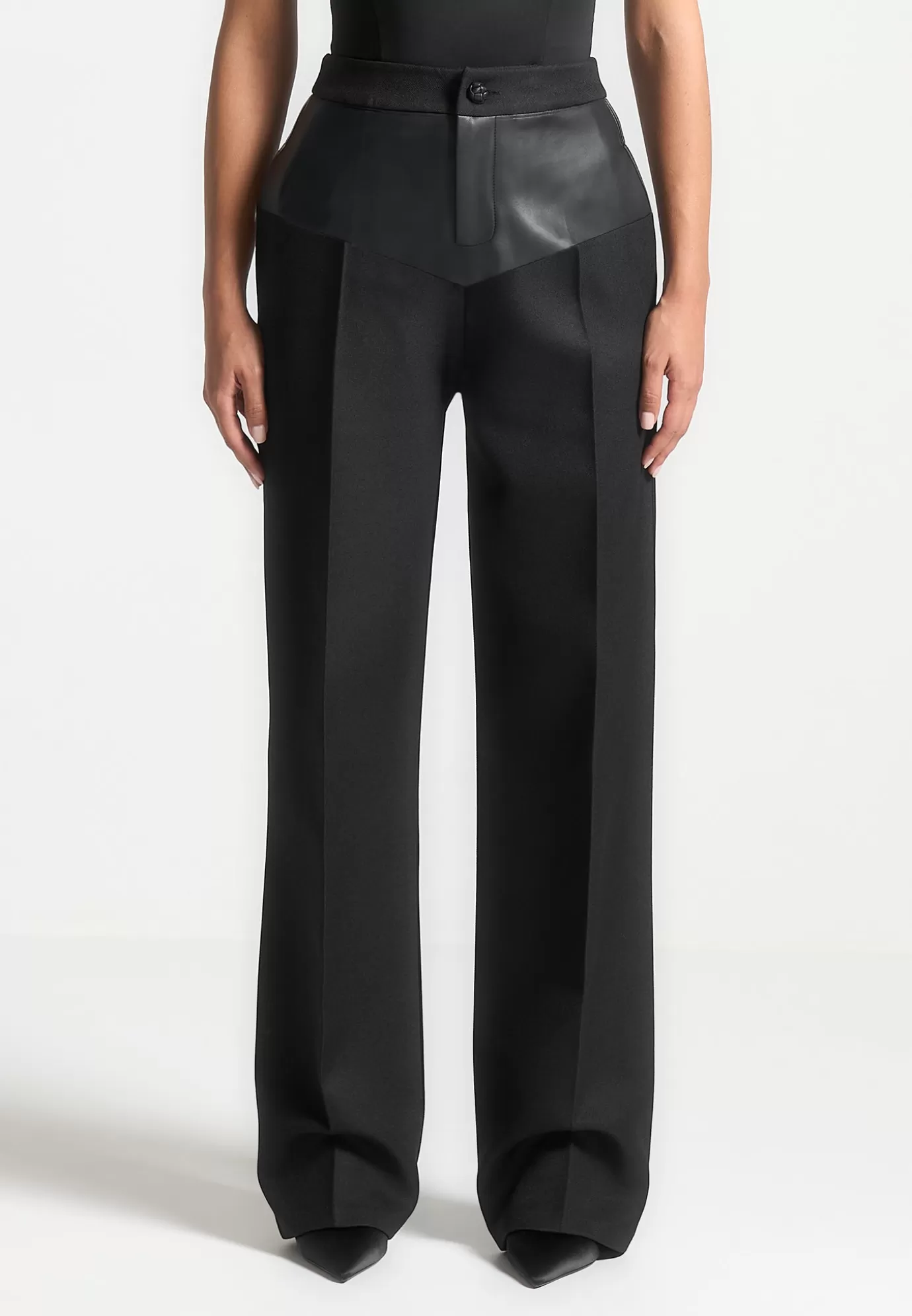 Fashion Leather Panel Tailored Trousers - Formal Trousers