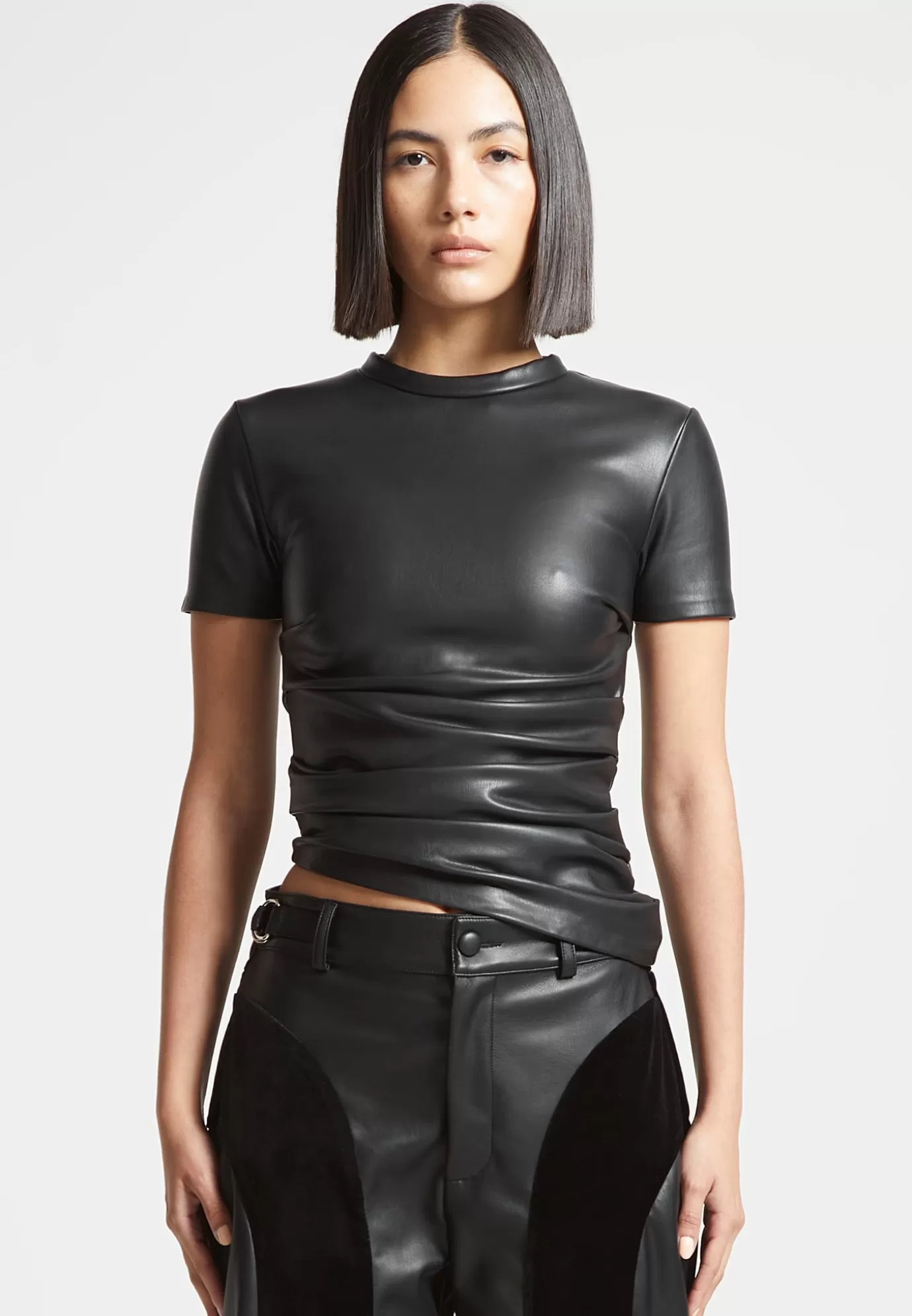 Fashion Leather Ruched T-Shirt - Tops & T Shirts