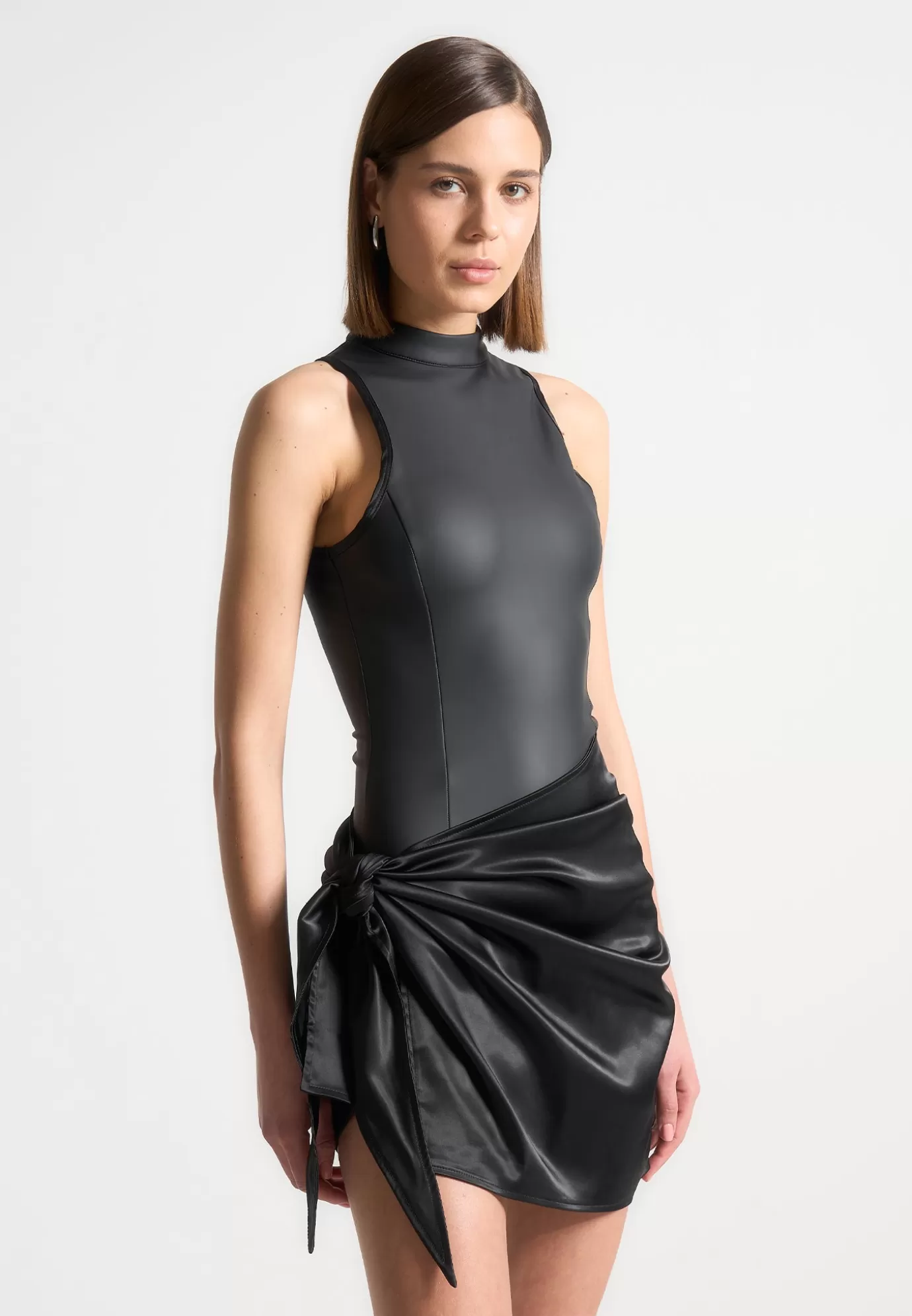 New Leather u0026 Satin Wrap Bodycon Dress - Dresses