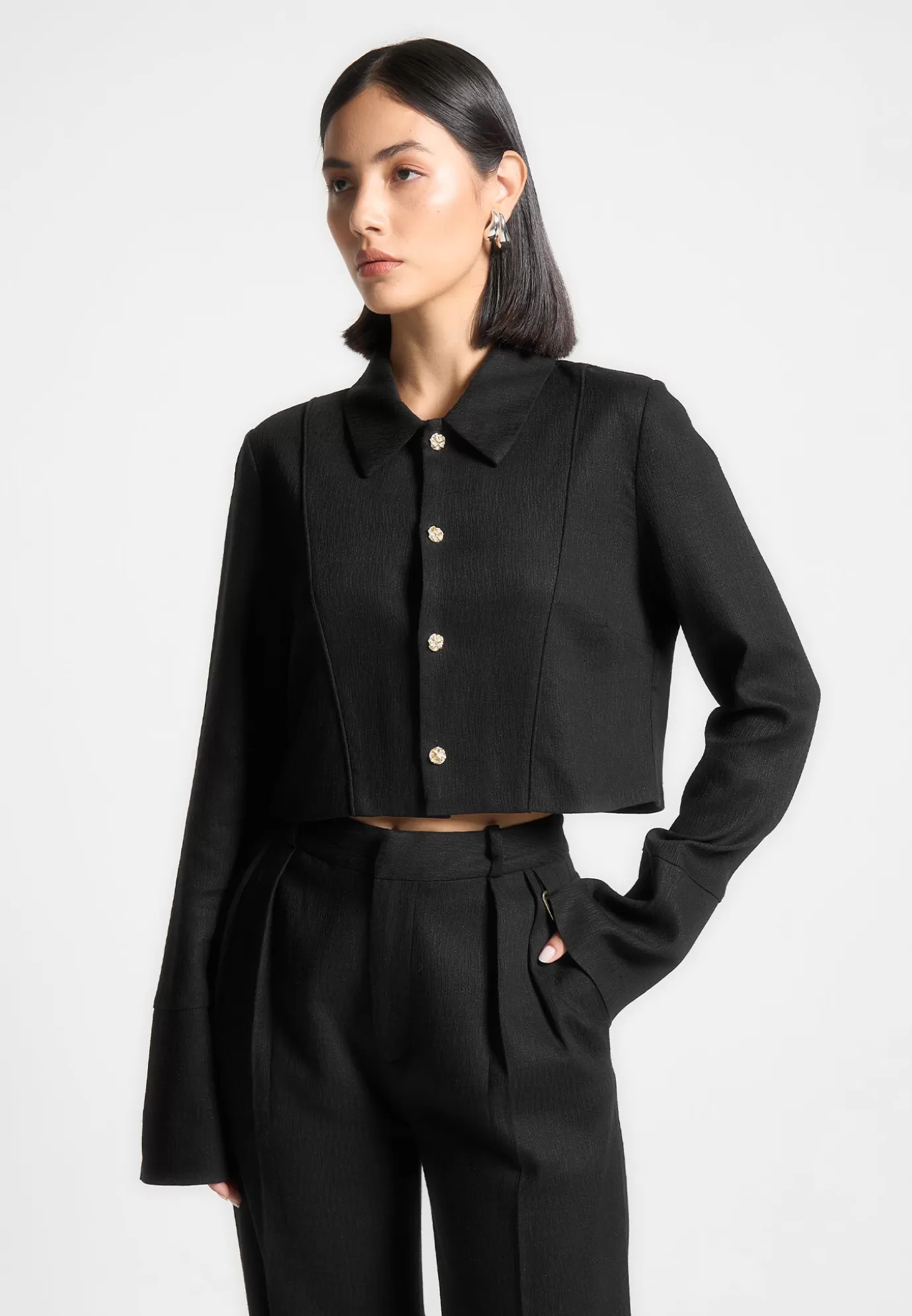 Flash Sale Linen Pintuck Cropped Shirt - Suits