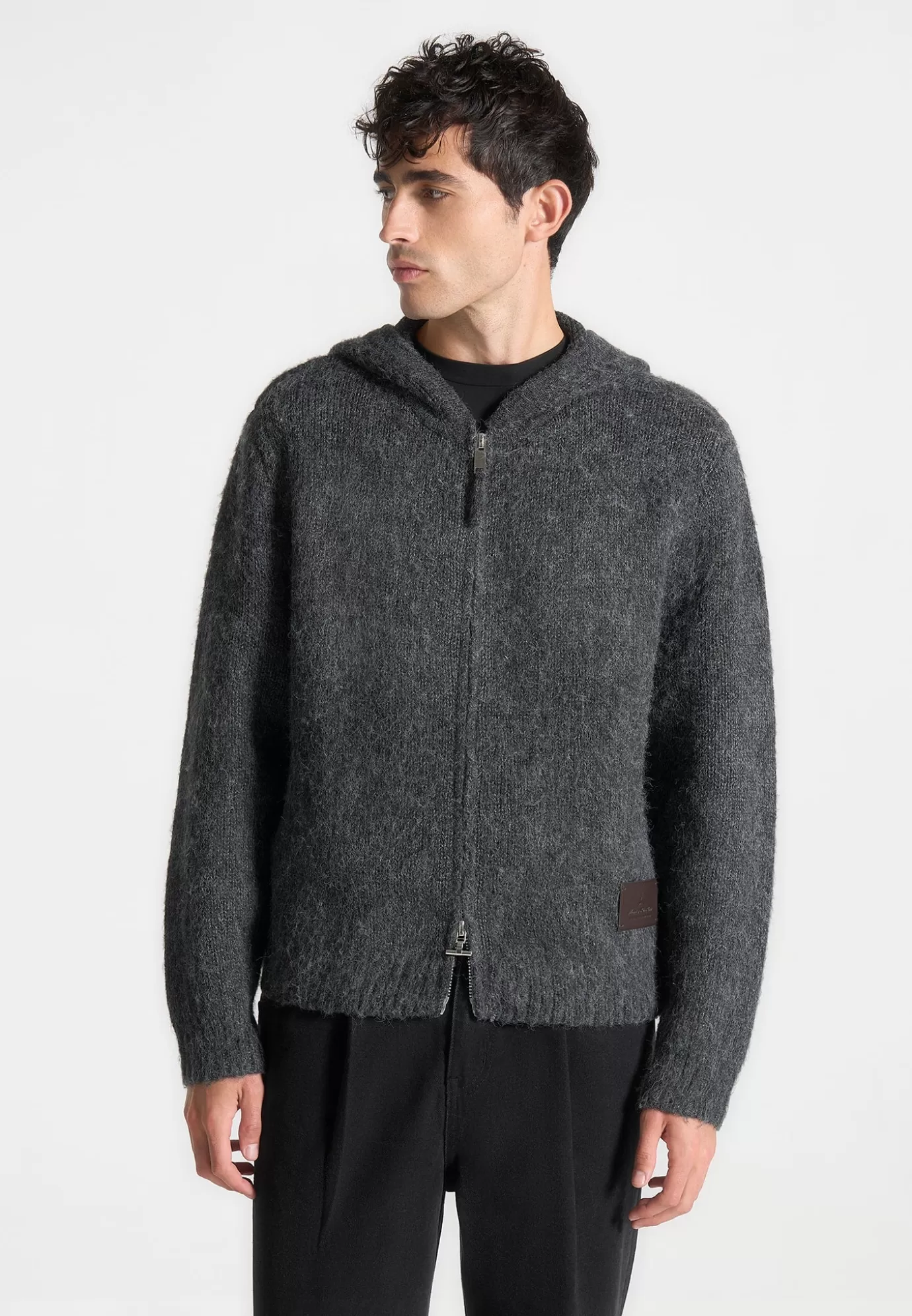 Clearance Mohair-Blend Zip Through Hoodie - Charcoal Grey Knitwear