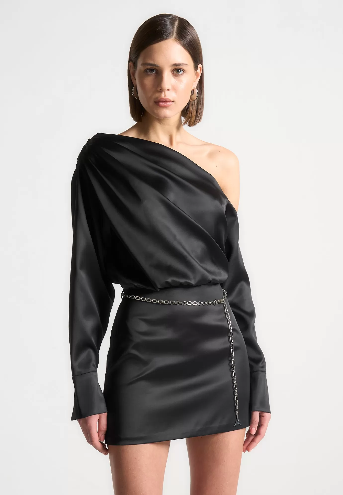 Store Off Shoulder Draped Satin Mini Dress with Belt - Dresses