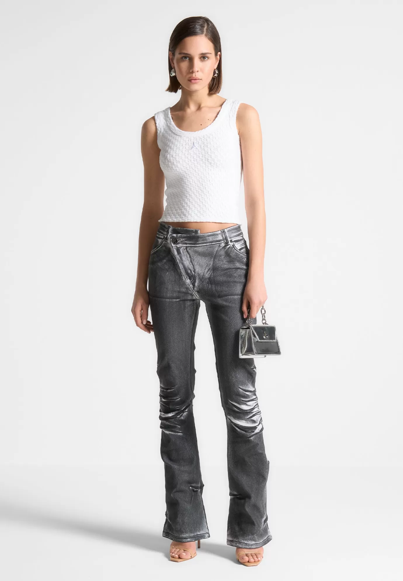 Outlet Oil Print Tacked Fit and Flare Jeans - White/Grey Jeans