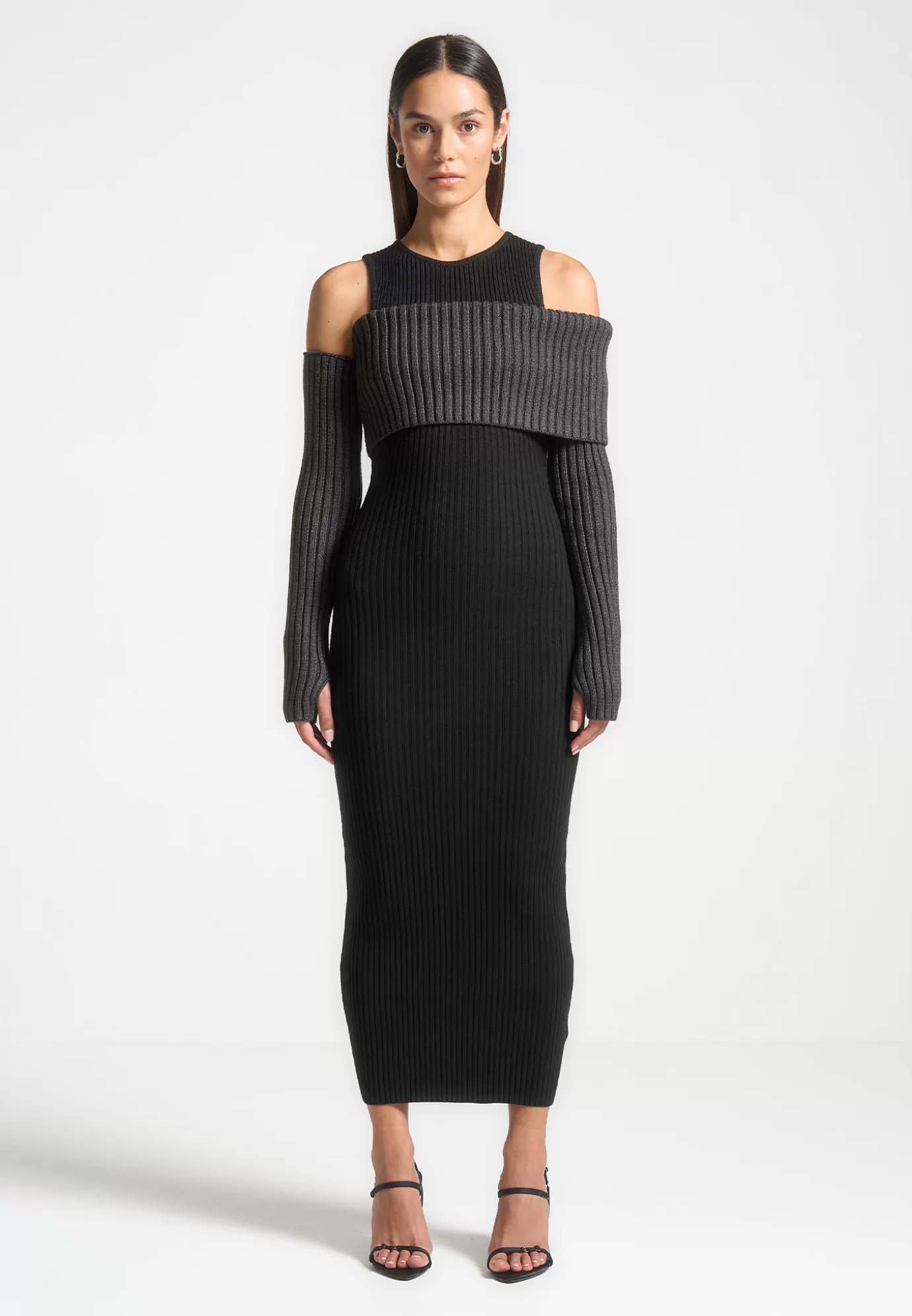 New Overlay Knitted Midaxi Dress - Black/Grey Knitwear