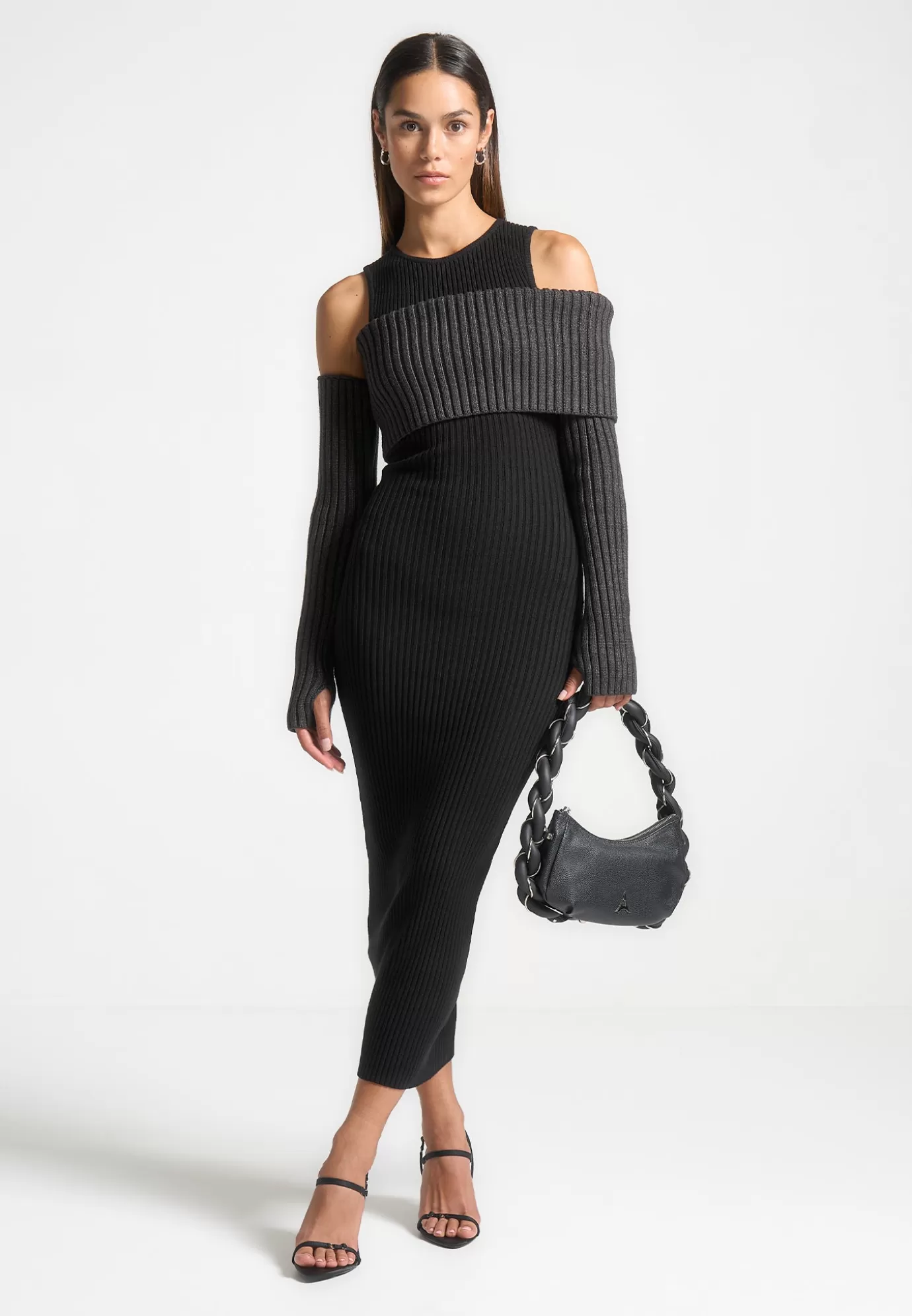 New Overlay Knitted Midaxi Dress - Black/Grey Knitwear