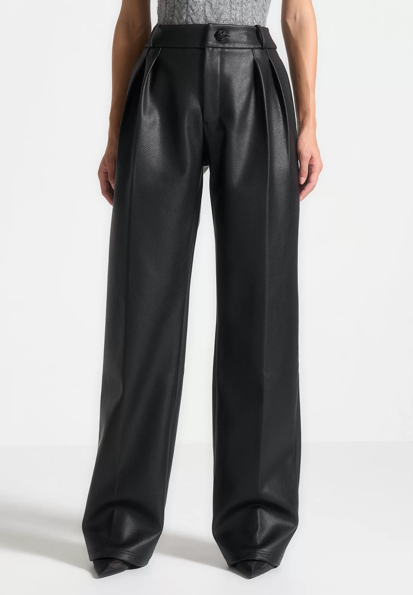 Shop Pebbled Leather Pleated Stacked Trousers - Formal Trousers