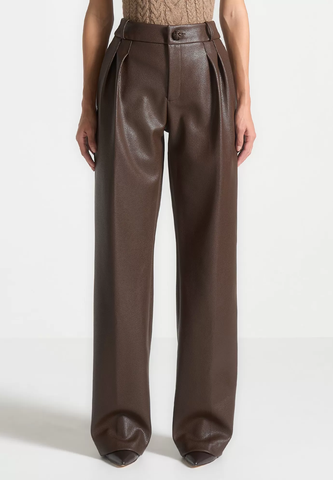 Cheap Pebbled Leather Pleated Stacked Trousers - Formal Trousers