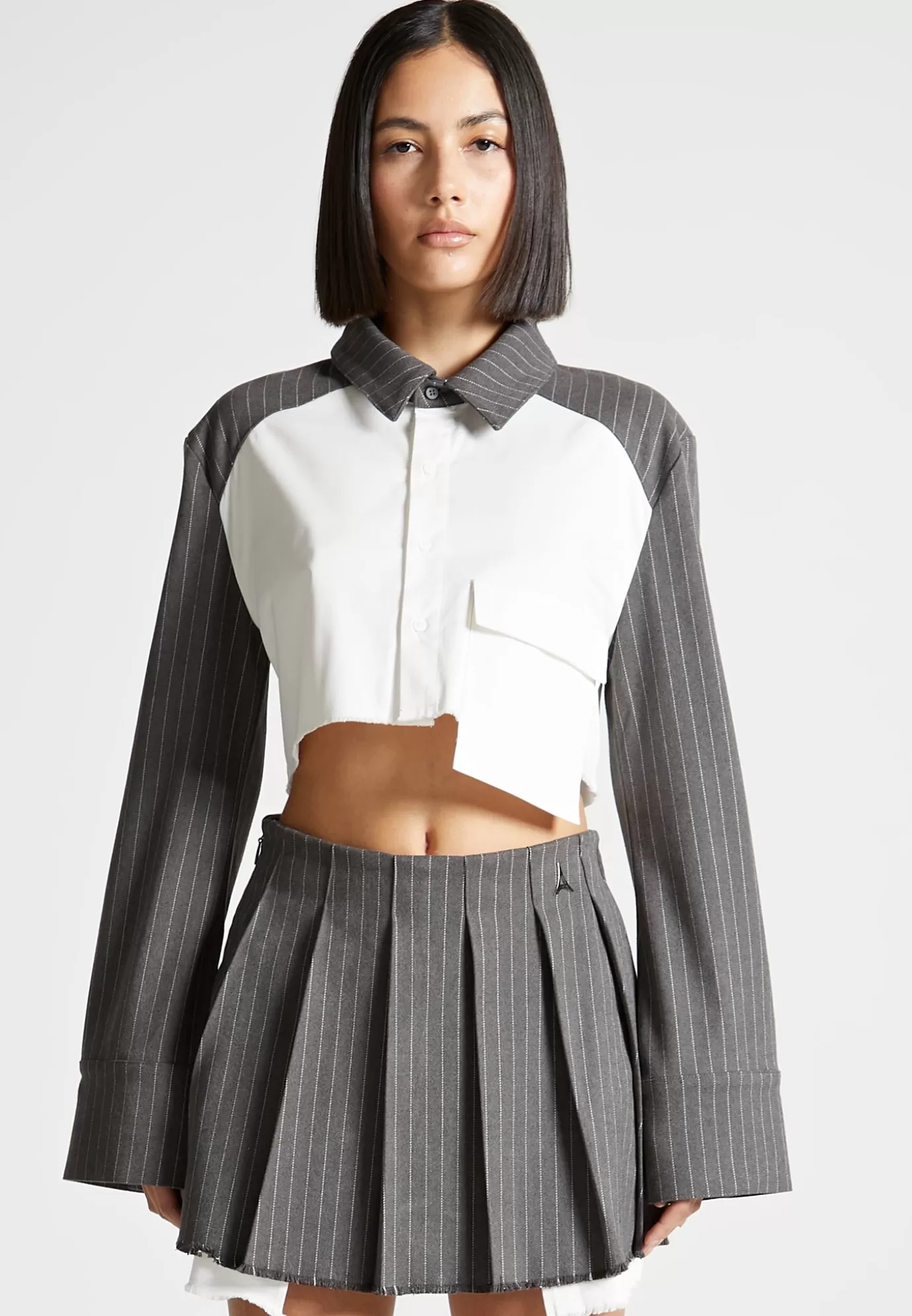 Flash Sale Pinstripe Contrast Cropped Shirt - Grey Matching Sets