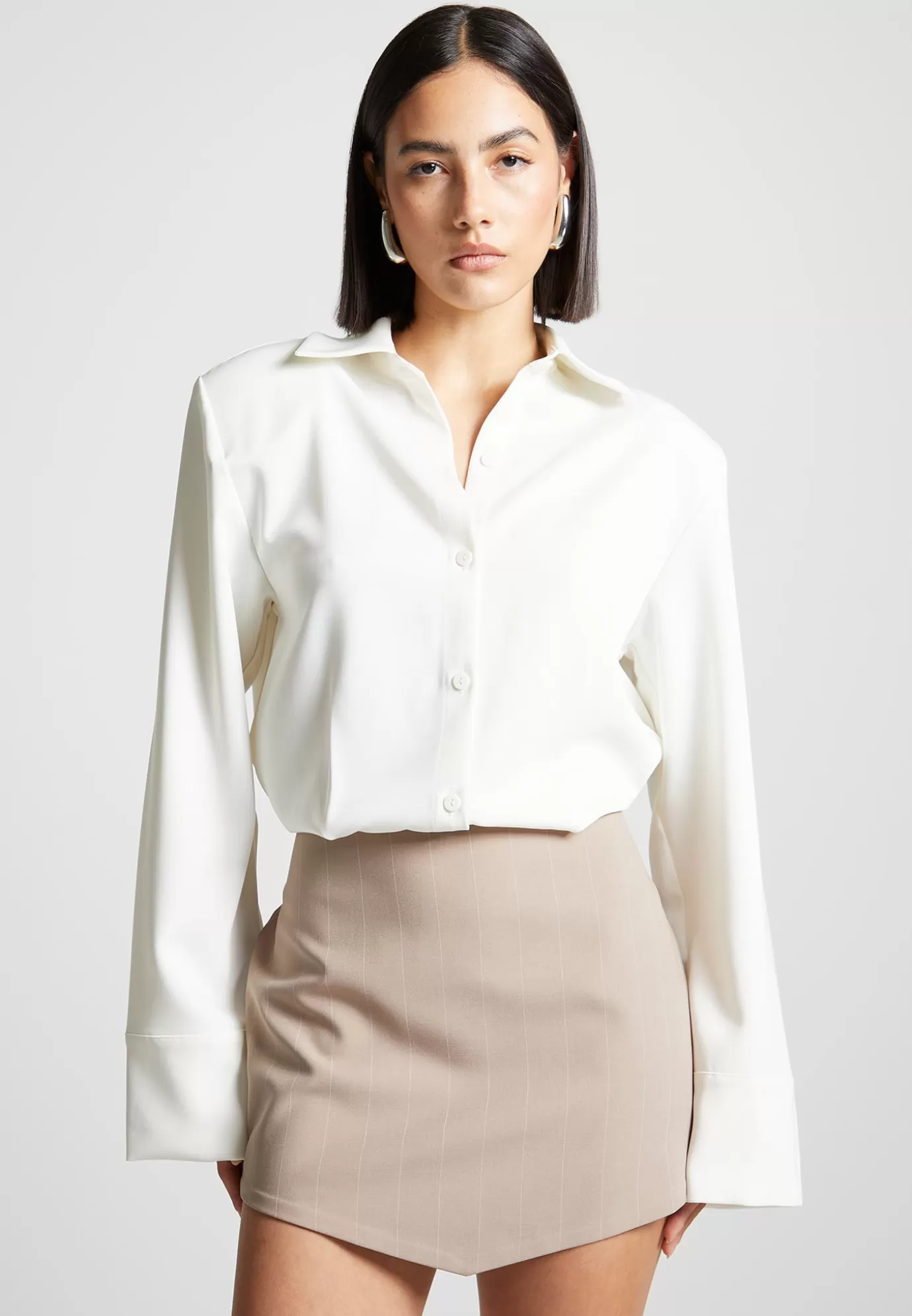 Outlet Pinstripe Skirt Shirt Dress - White/Beige Dresses