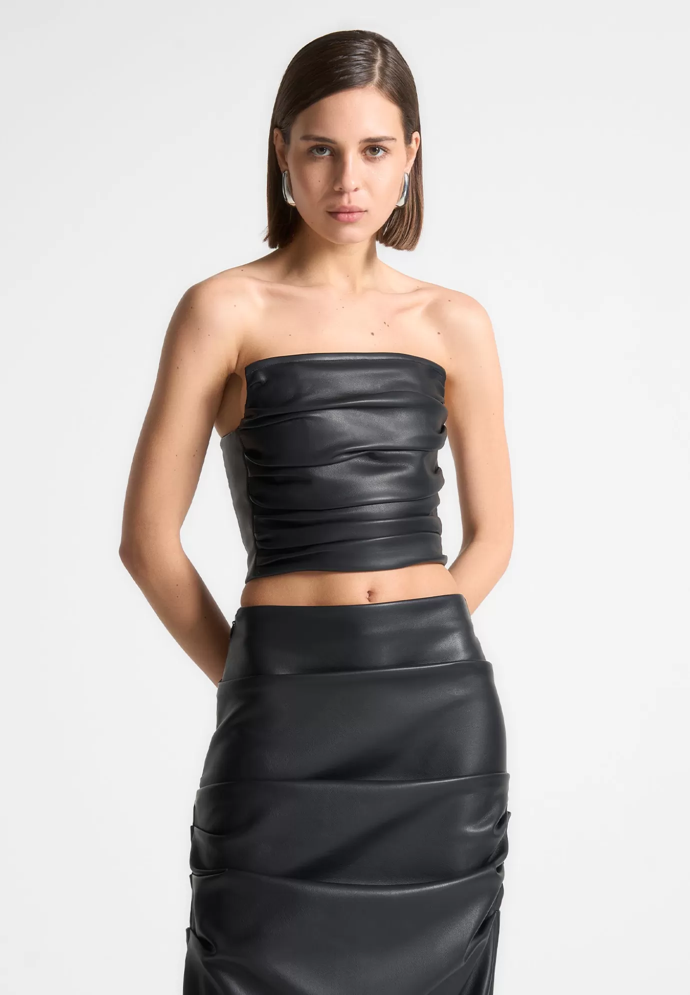 Fashion Pleated Bandeau Leather Corset Top - Tops & T Shirts