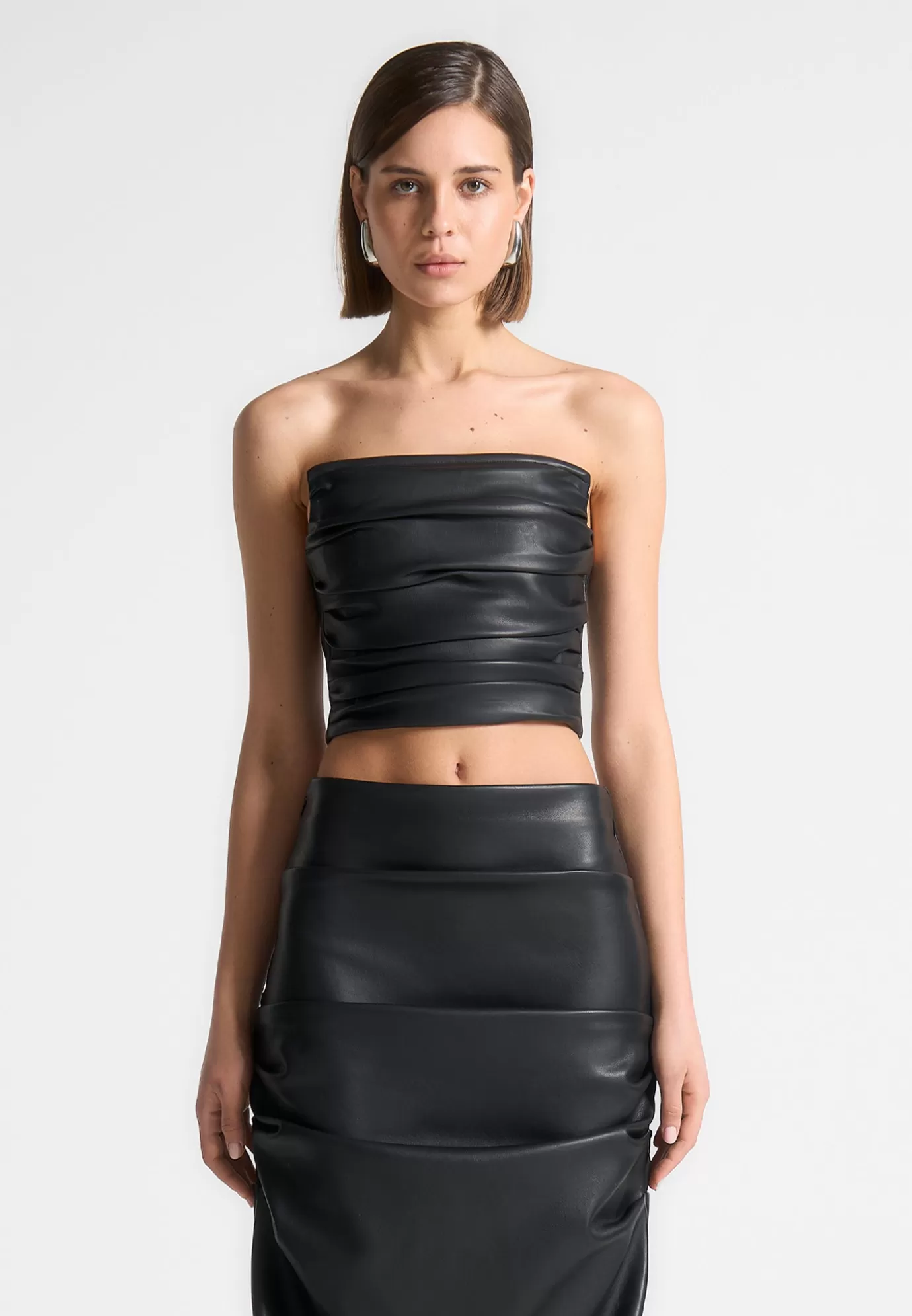 Fashion Pleated Bandeau Leather Corset Top - Tops & T Shirts