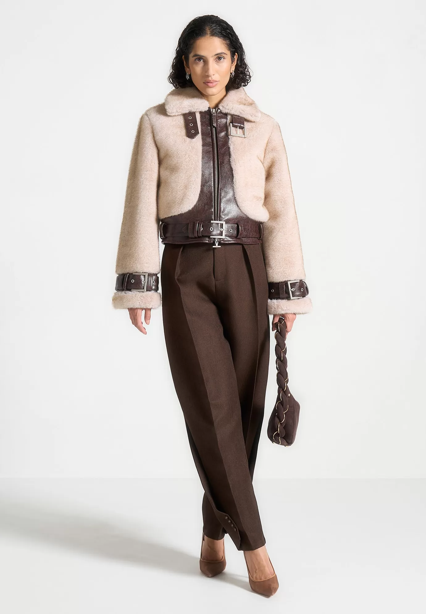 Online Plush u0026 Leather Belted Jacket - Beige/Brown Outerwear