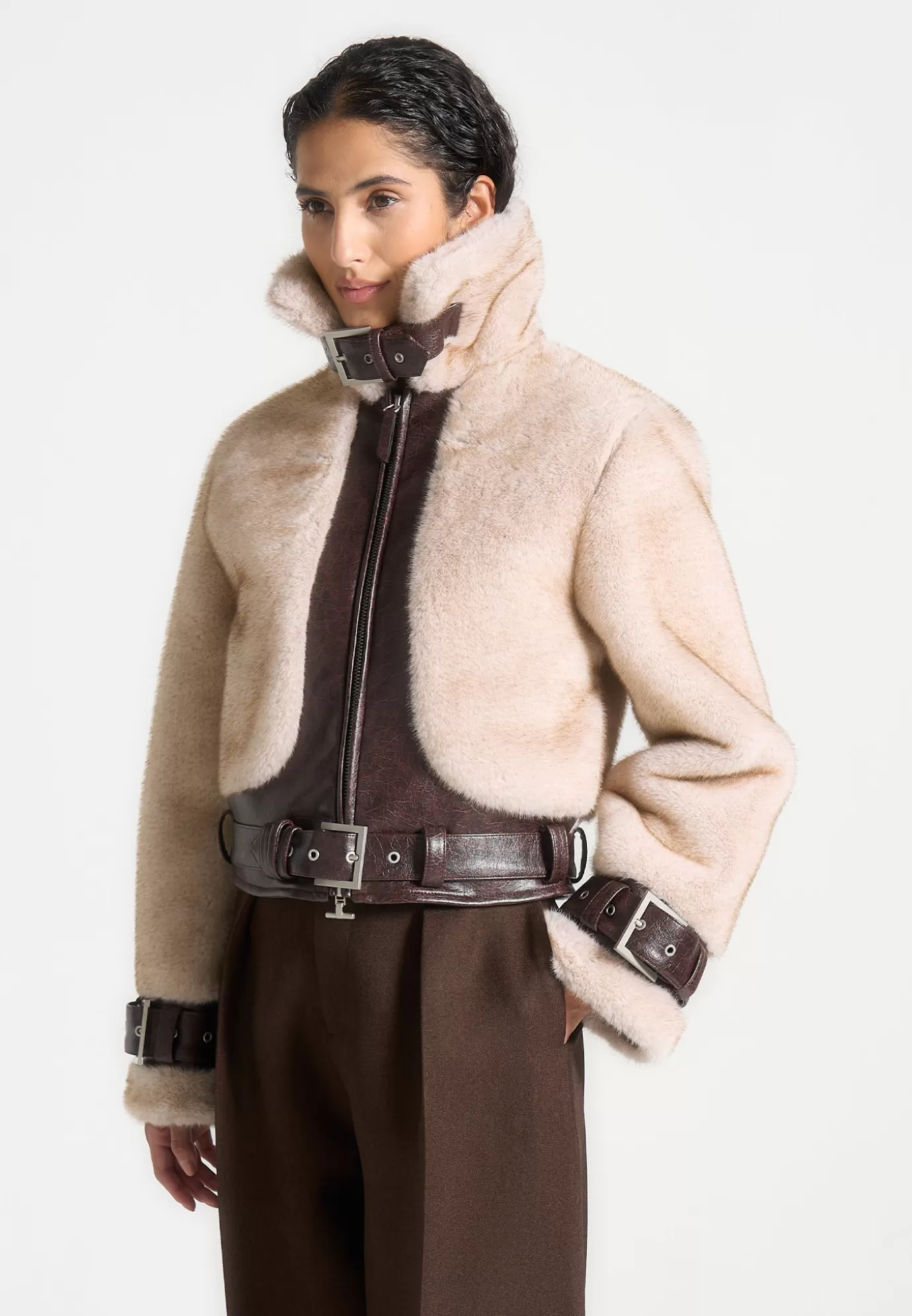 Online Plush u0026 Leather Belted Jacket - Beige/Brown Outerwear