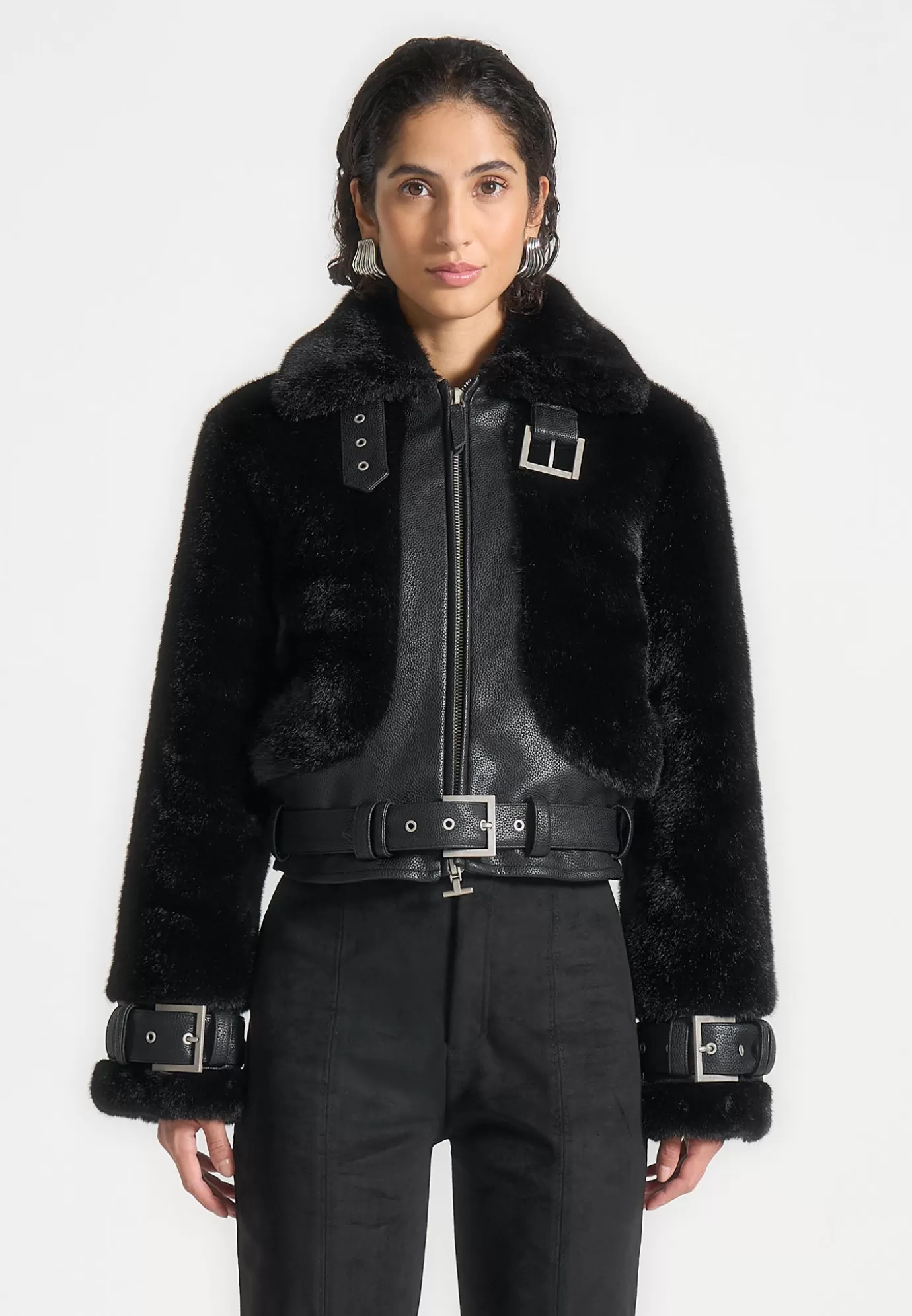 Discount Plush u0026 Leather Belted Jacket - Outerwear