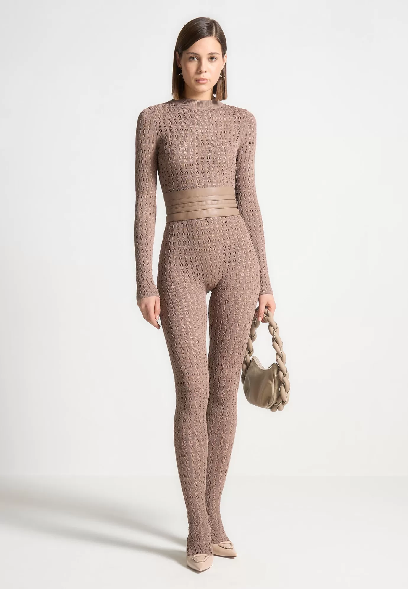 Sale Pointelle Knit Long Sleeve Jumpsuit with Belt - Knitwear