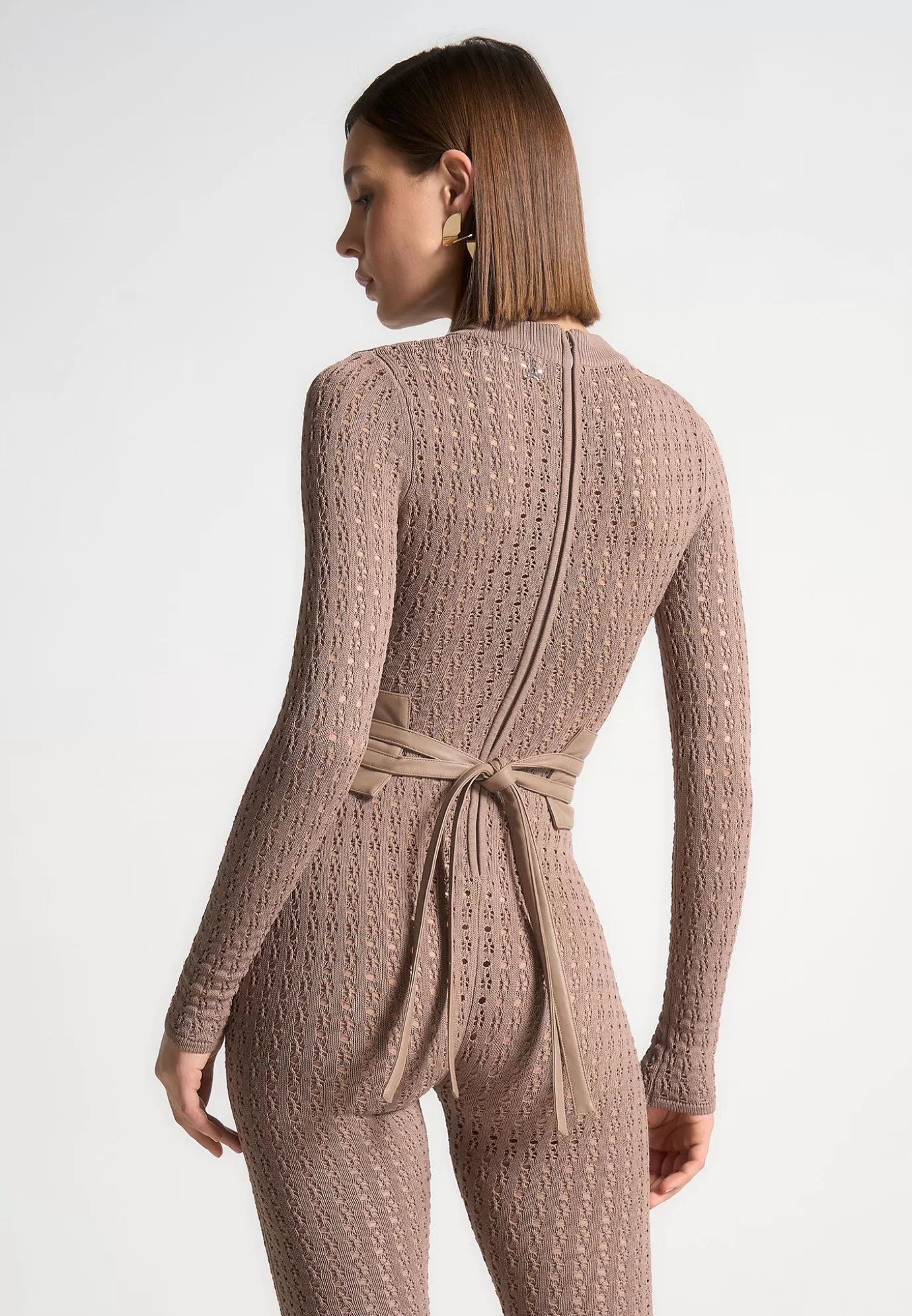 Sale Pointelle Knit Long Sleeve Jumpsuit with Belt - Knitwear