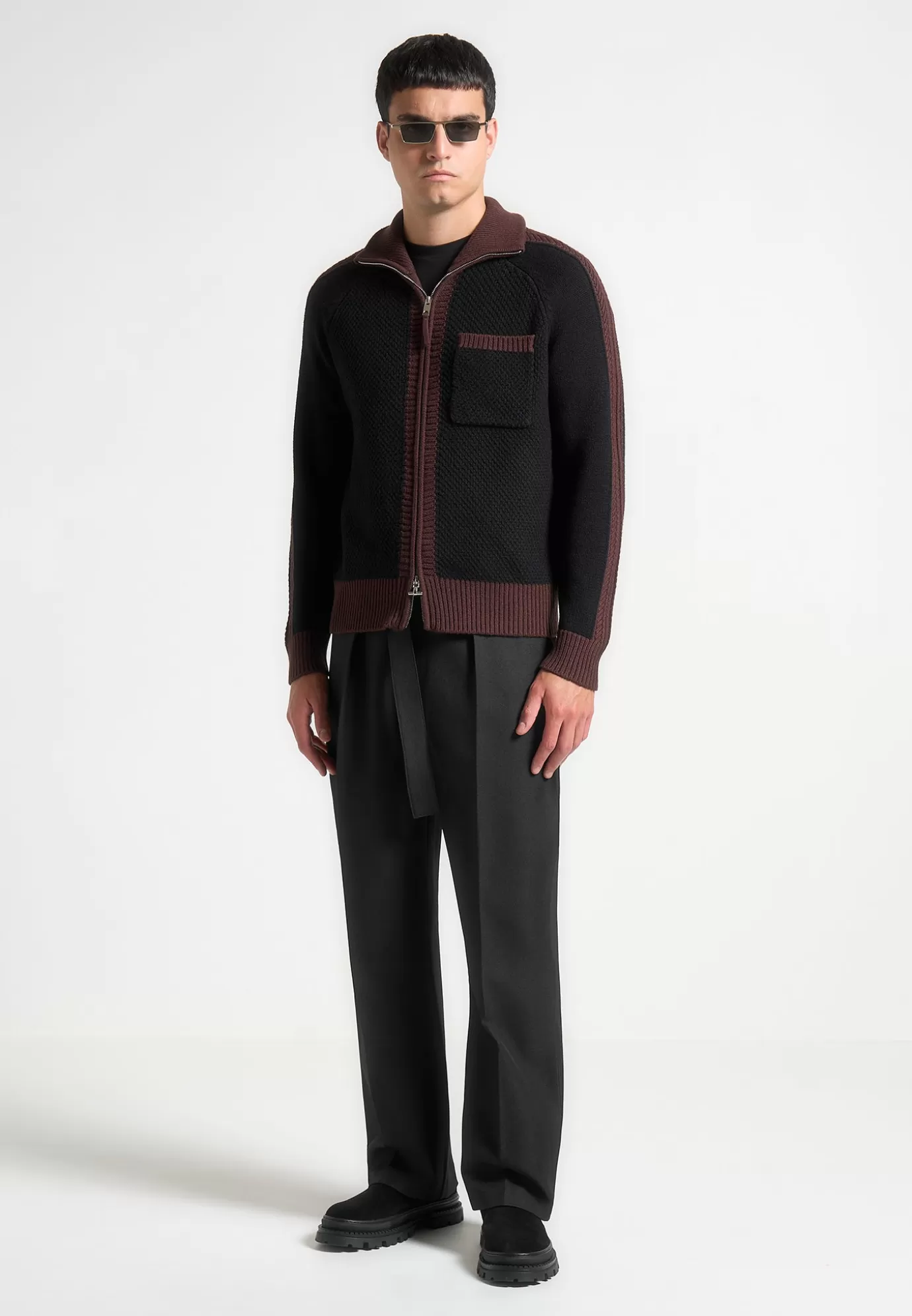 Clearance Relaxed Fit Textured Belted Tailored Trousers - Formal Co-ords