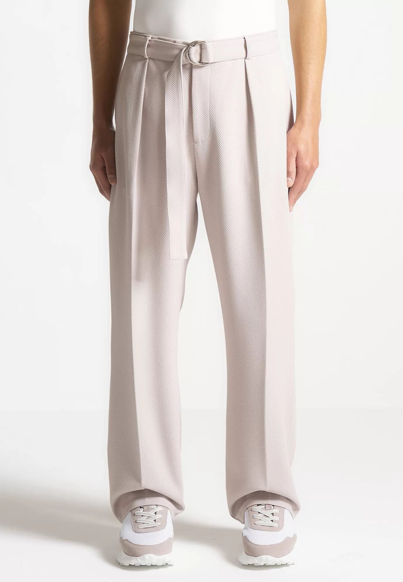 Cheap Relaxed Fit Textured Belted Tailored Trousers - Formal Co-ords