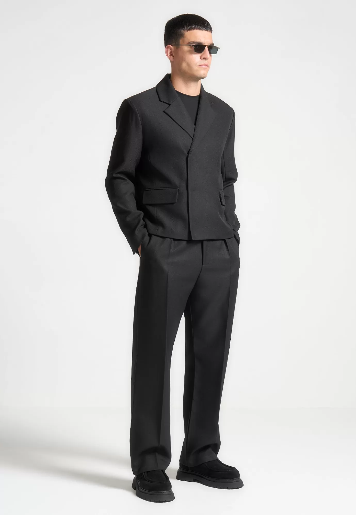 Cheap Relaxed Fit Textured Pleated Tailored Trousers - Suits