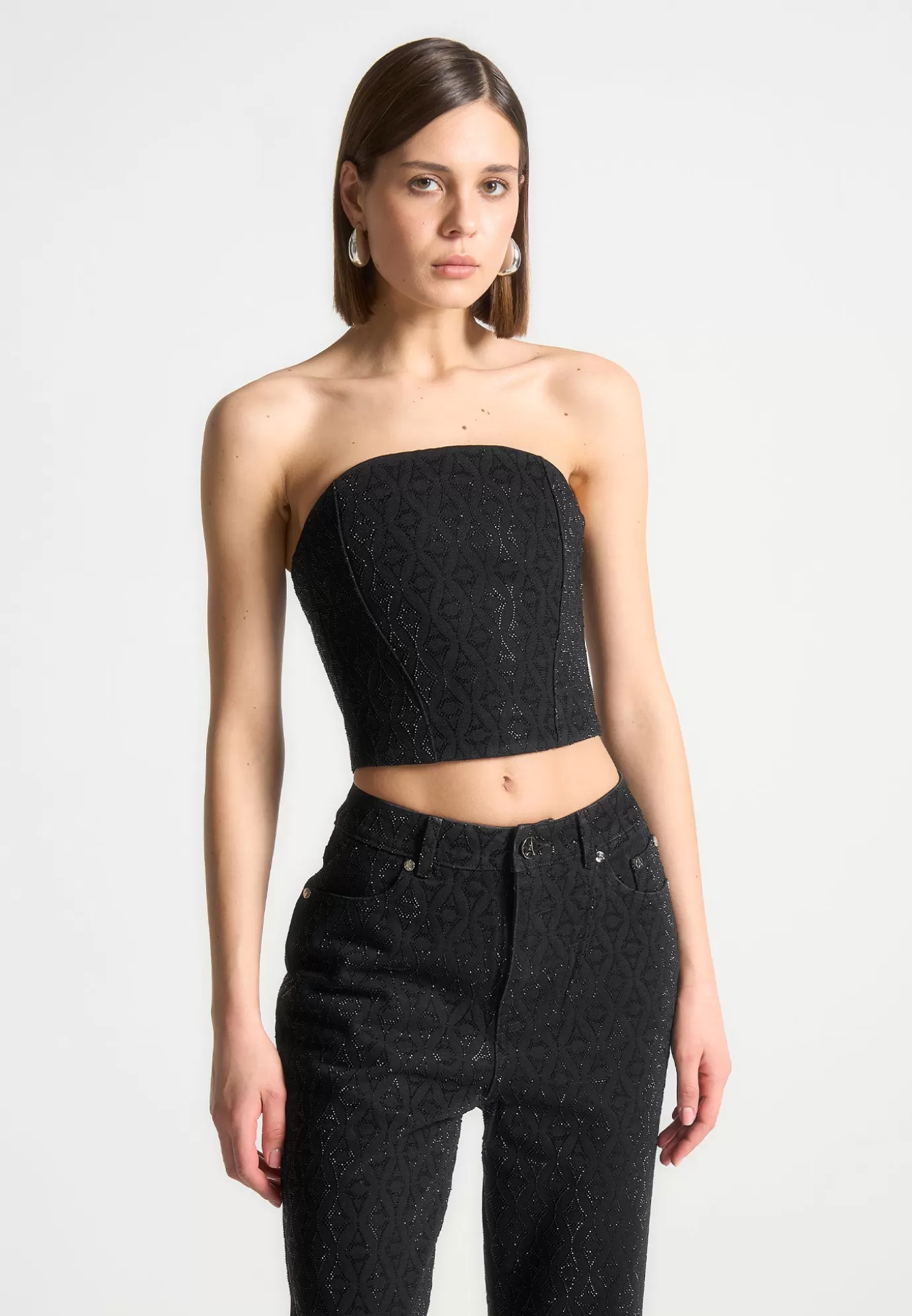 Discount Rhinestone Eiffel Denim Bandeau Corset Top - Tops & T Shirts
