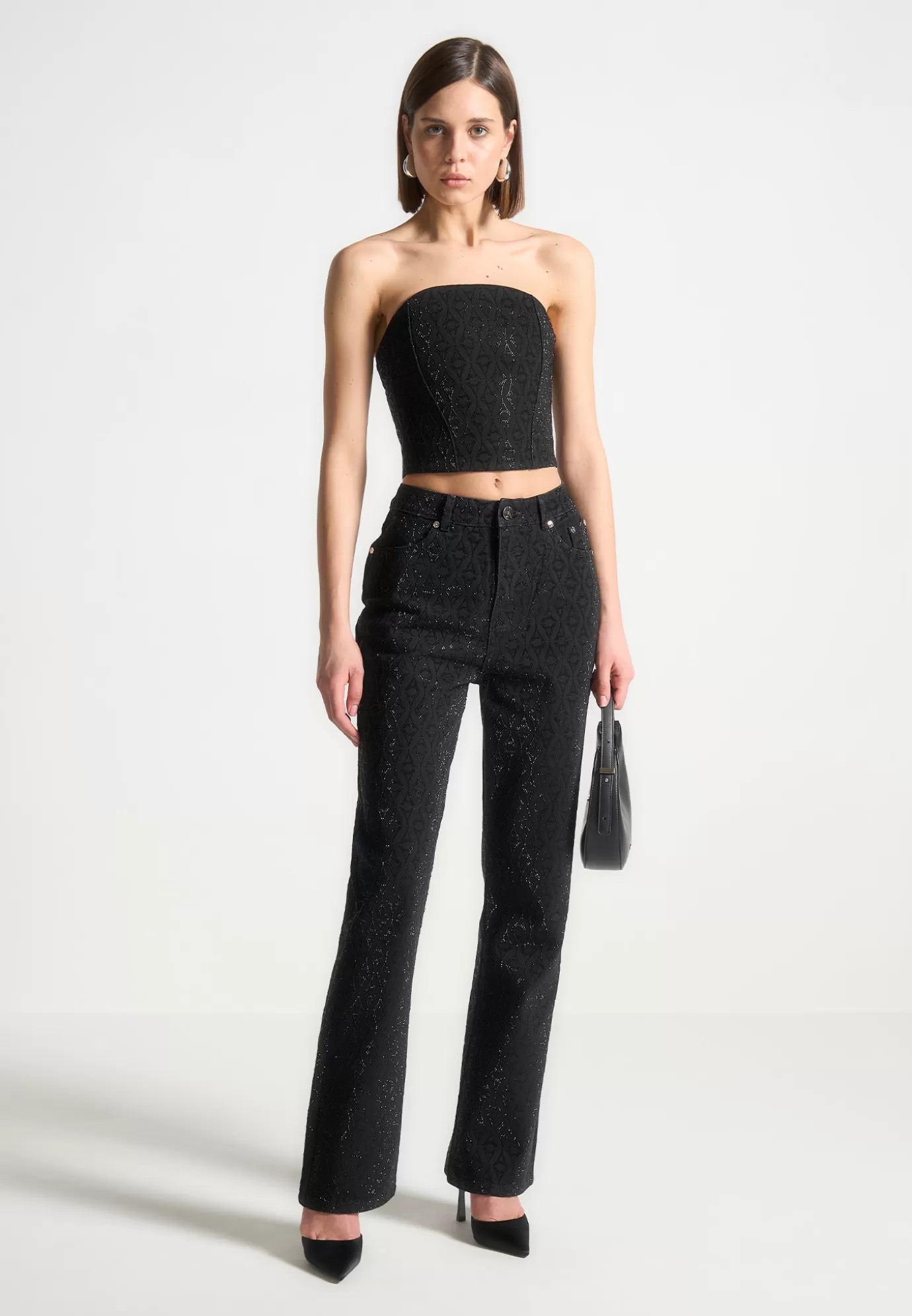 Discount Rhinestone Eiffel Denim Bandeau Corset Top - Tops & T Shirts