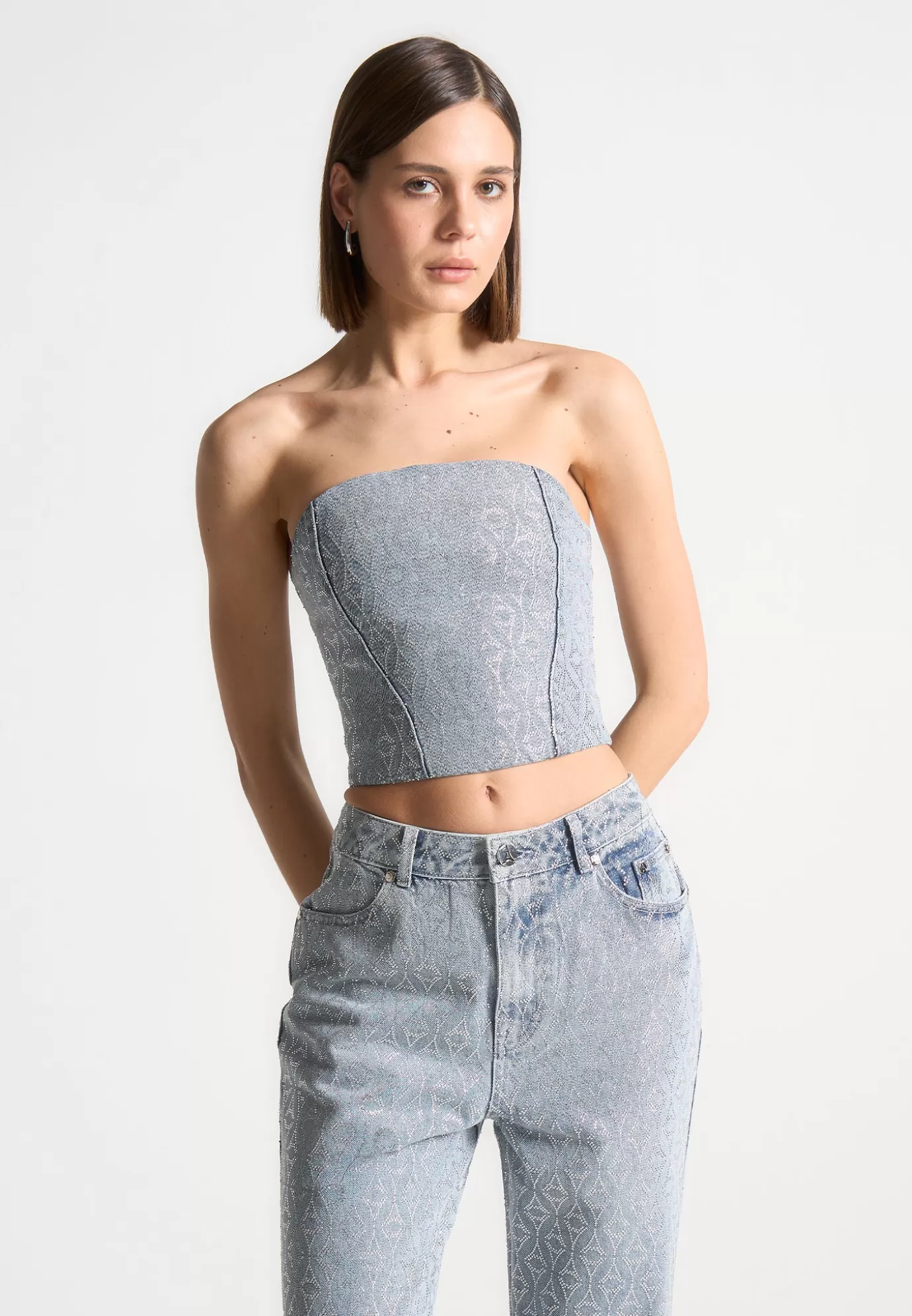 Discount Rhinestone Eiffel Denim Bandeau Corset Top - Mid Matching Sets