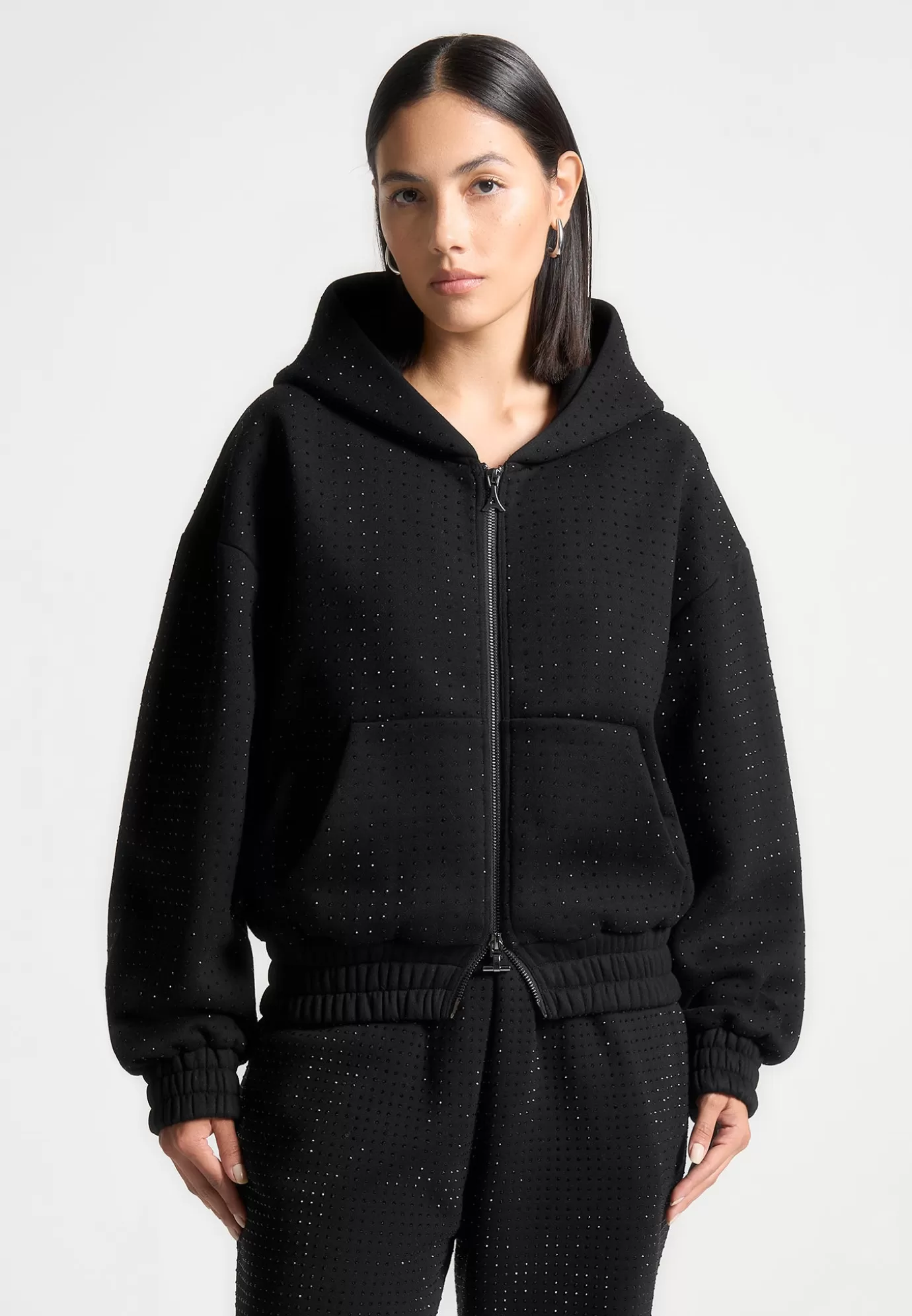 Online Rhinestone Zip Through Hoodie - Tracksuits