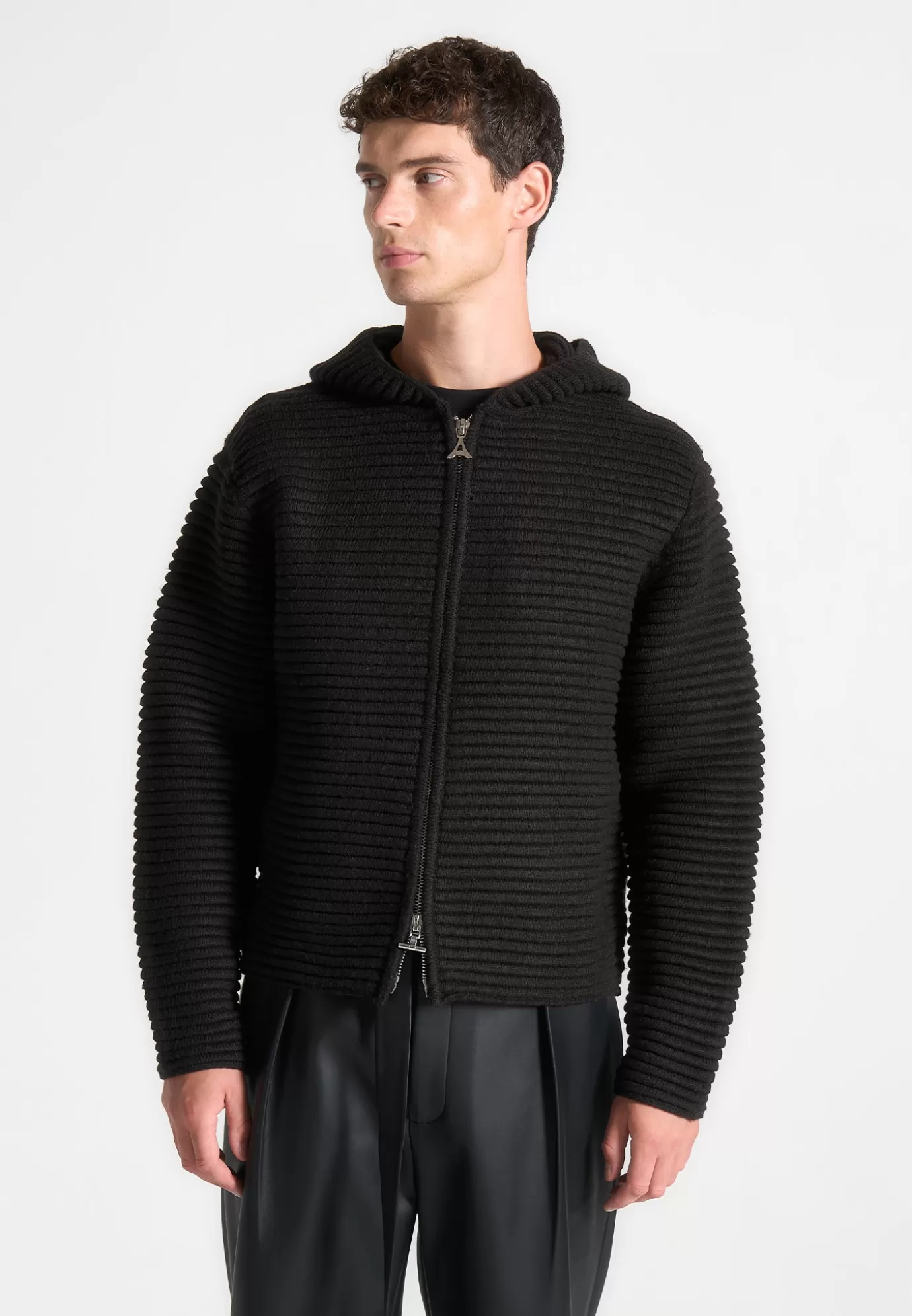 Discount Ribbed Knit Zip Up Hoodie - Knitwear