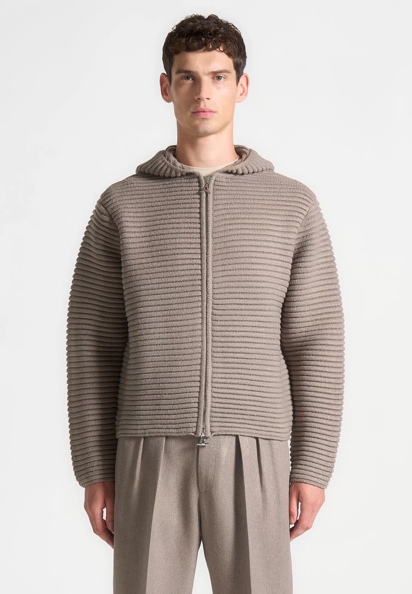 Clearance Ribbed Knit Zip Up Hoodie - Knitwear