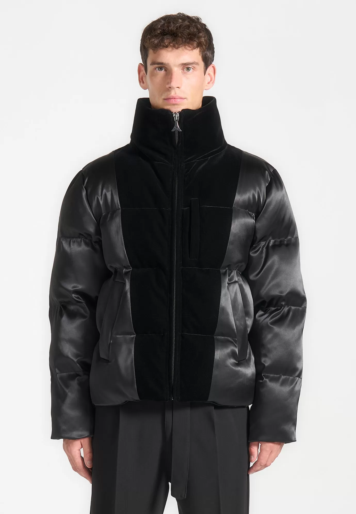 New Satin and Velvet Panelled Puffer Jacket - Outerwear