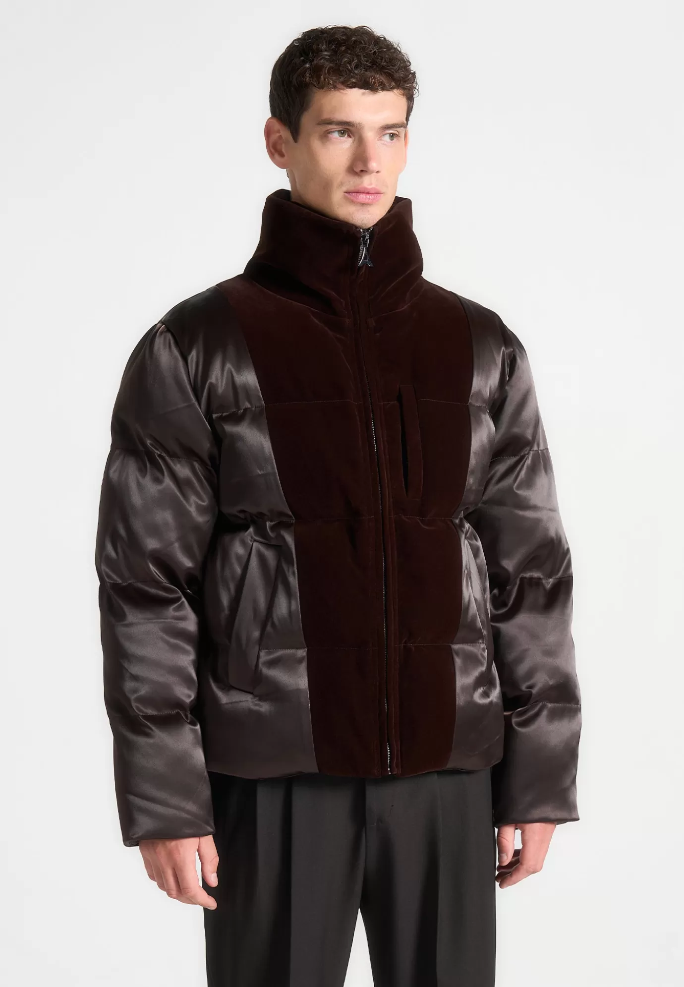 Shop Satin and Velvet Panelled Puffer Jacket - Outerwear