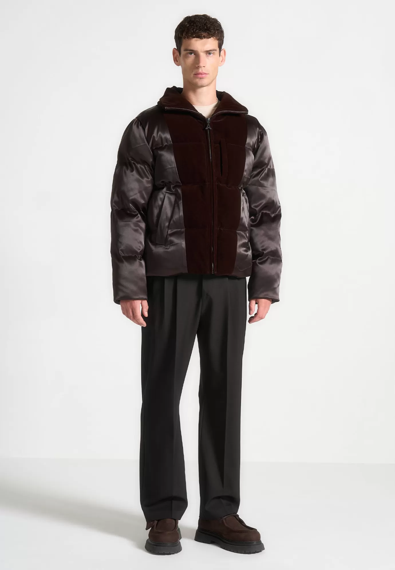 Shop Satin and Velvet Panelled Puffer Jacket - Outerwear