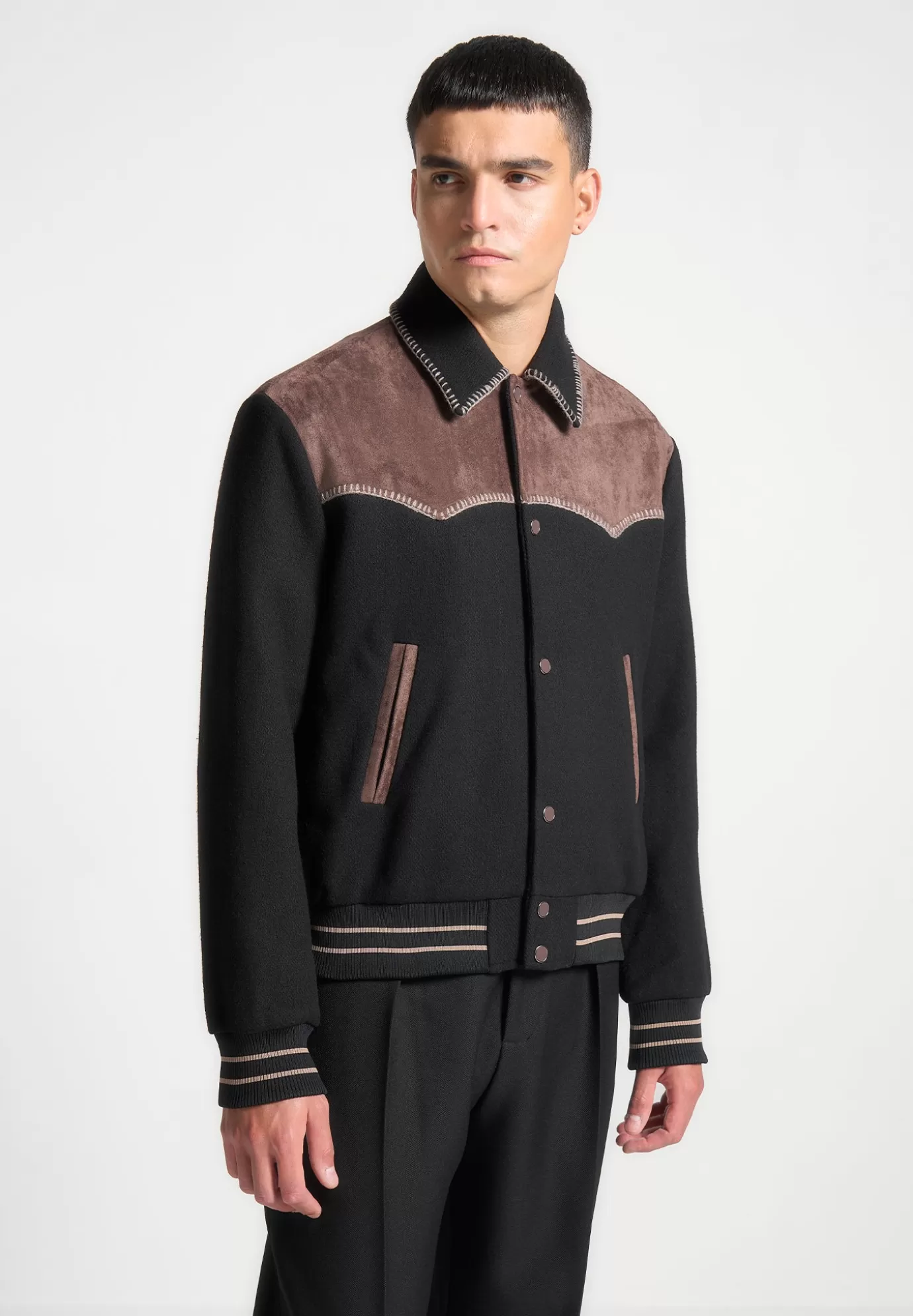 Best Sale Suede and Wool Whipstitch Varsity Jacket - /Brown Jackets