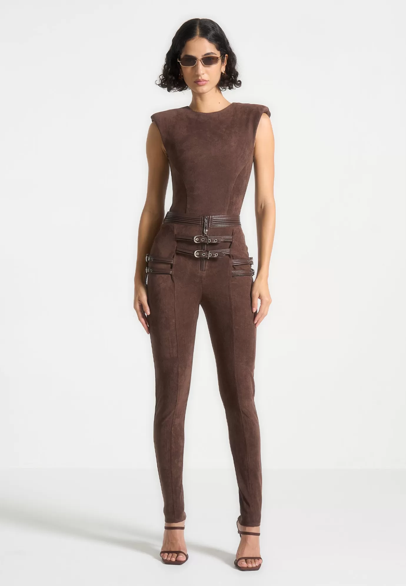 Shop Suede Buckle Detail Leggings - Leggings