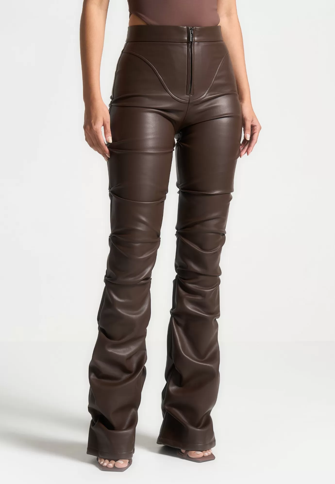 Outlet Tacked Leather Flared Trousers - Casual Trousers