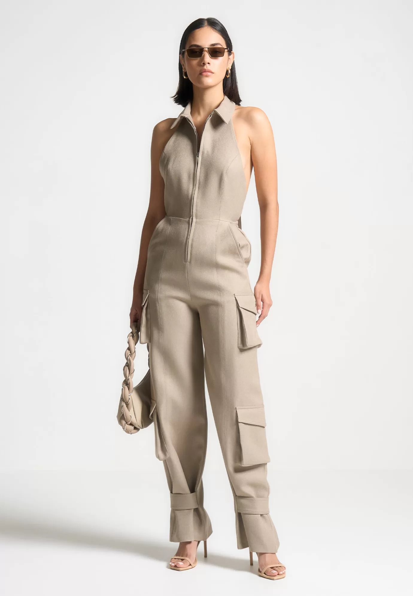 Cheap Tailored Halterneck Cargo Jumpsuit - Jumpsuits