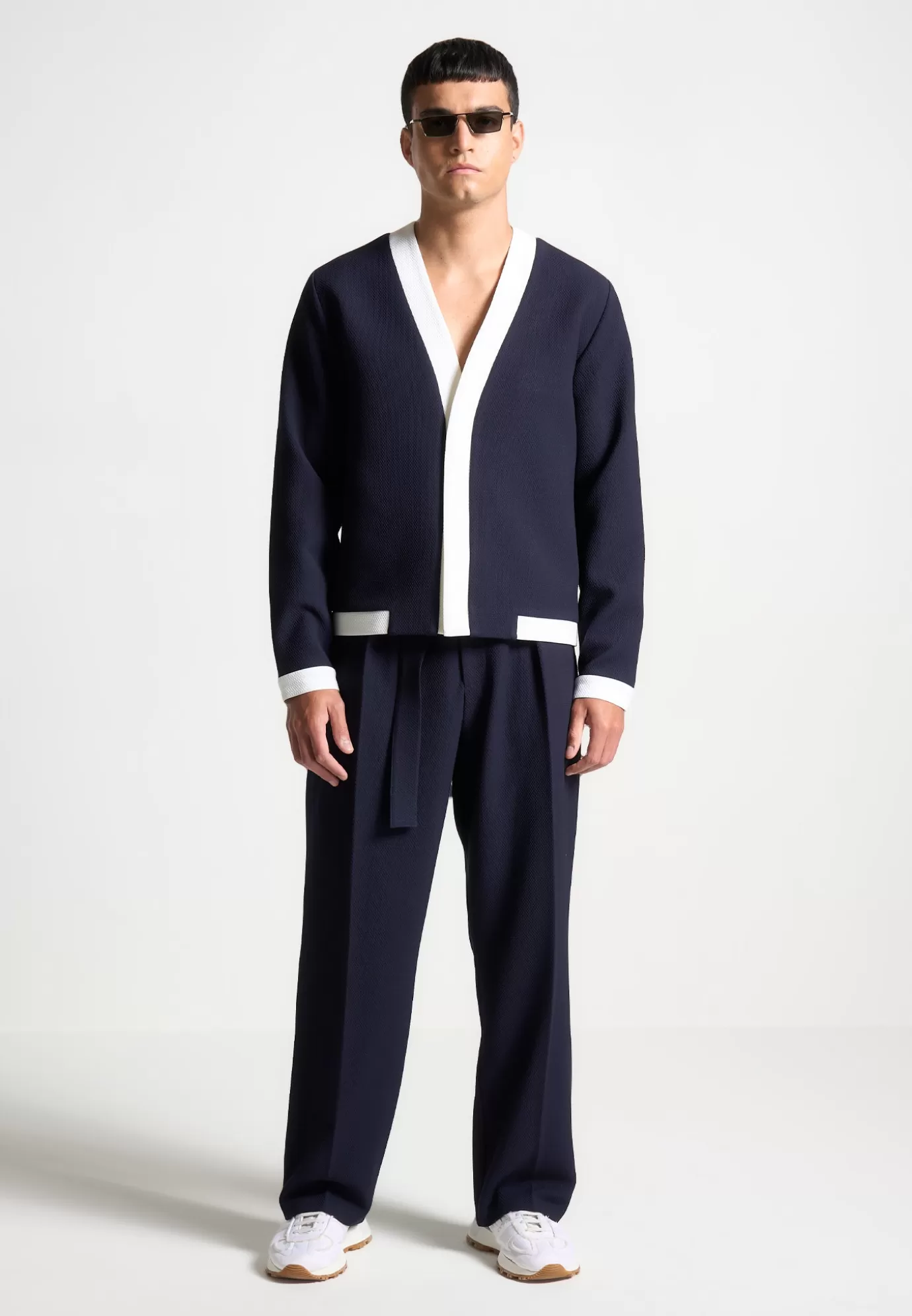 Best Textured Contrast Cardigan - Navy/White Formal Co-ords